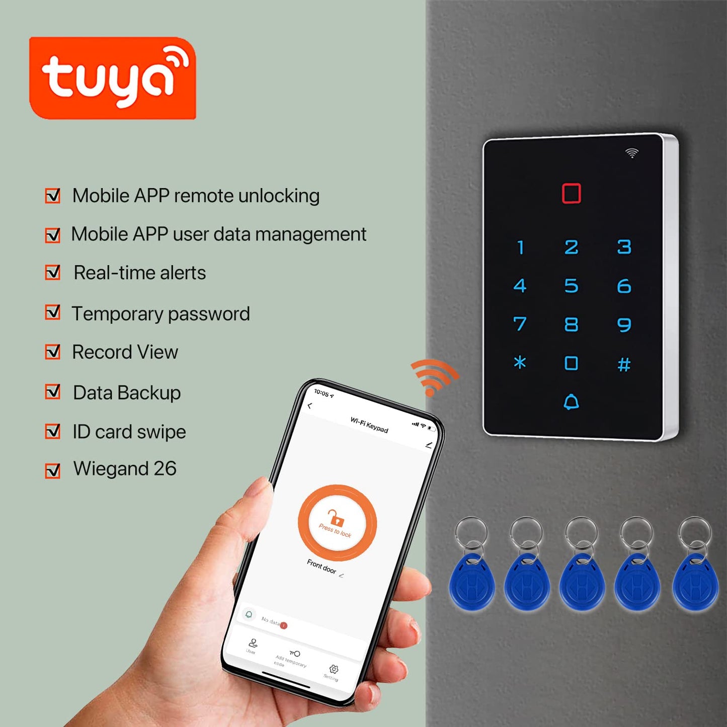 AMOCAM Wireless WiFi Access Control Keypad, Backlight Door Access Control System + 5PCS ID Keychains, Wiegand 26, Password Keypad for House Apartment, TUYA Wireless Entry Security Access Controller