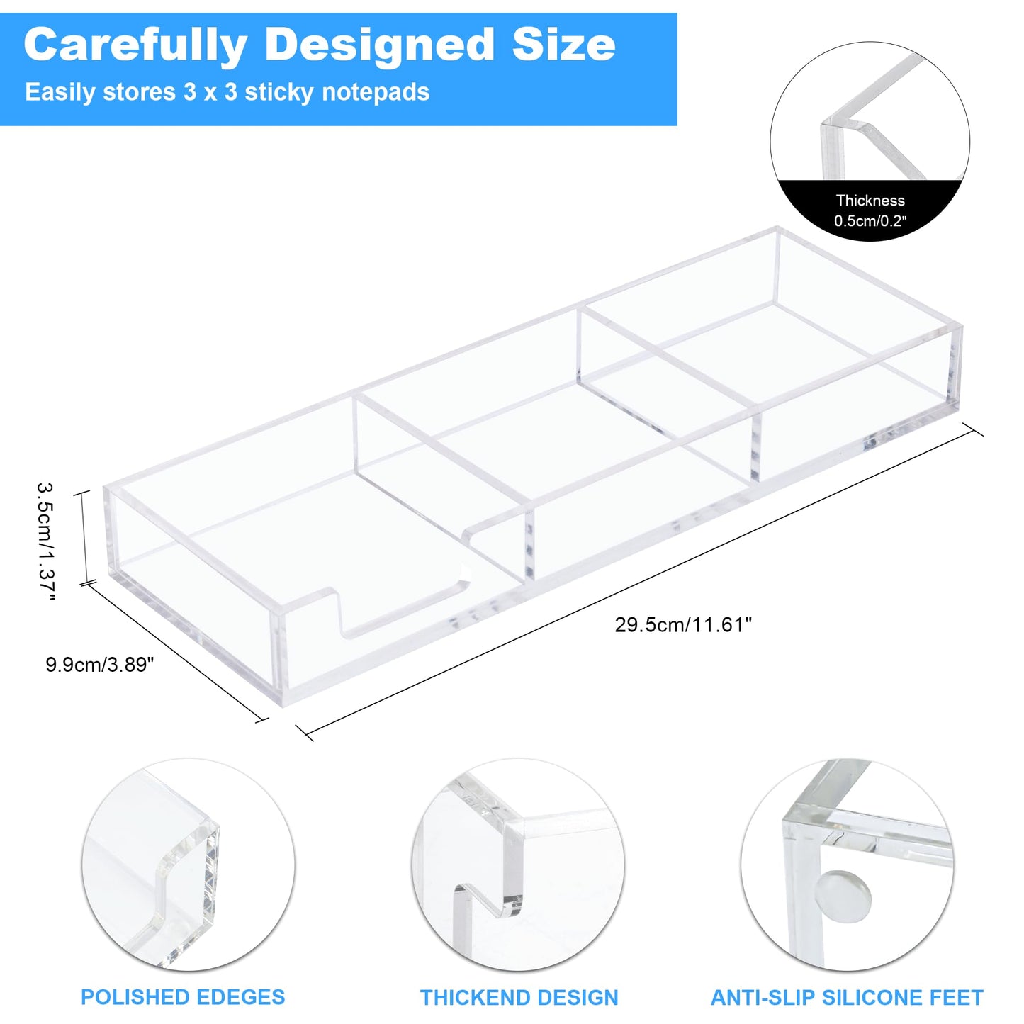 WORHE Sticky Note Holder 3 In 1 Clear Acrylic Self-Stick Memo Pads Holders Desk Organizer for School Office Home, Post Pop Notes Dispenser for 3"X3" Note Pads (BQ211)