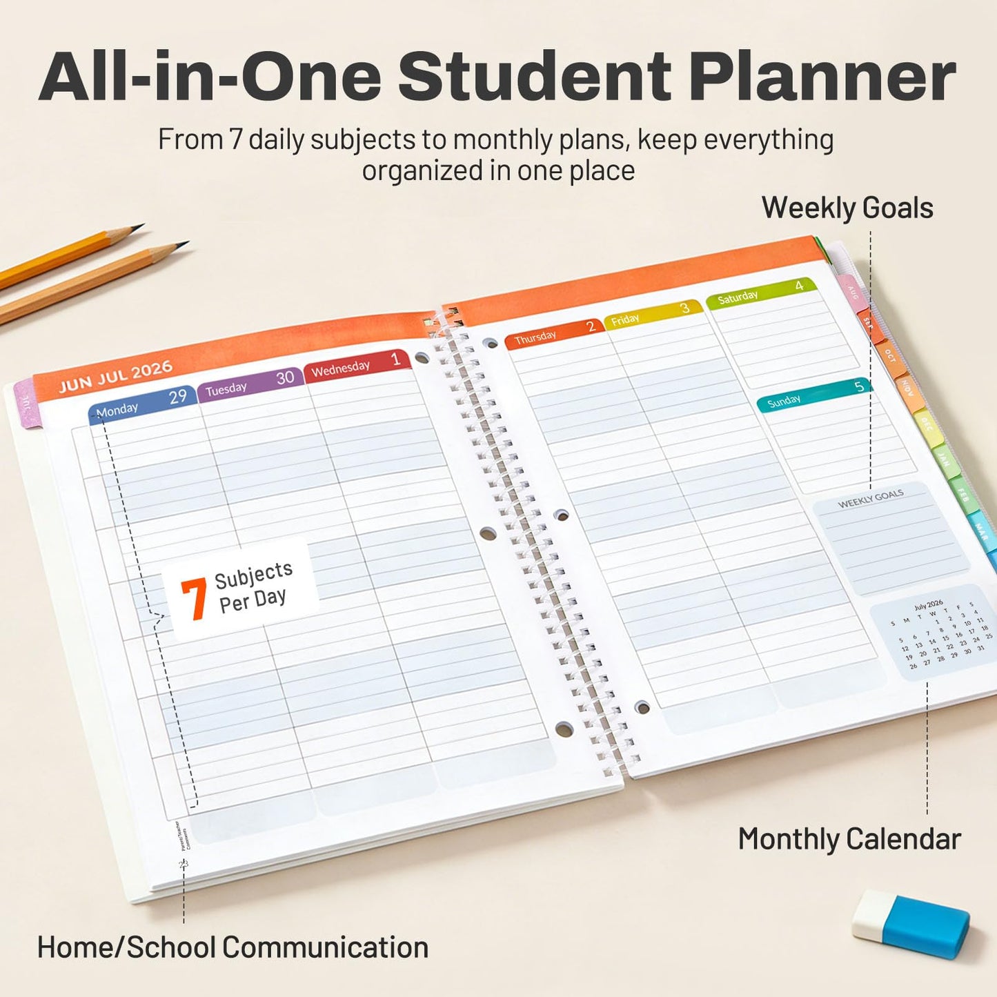 SUNEE Student Planner 2026-2027, Academic Weekly & Monthly School Planner, July 2026 - June 2027, 8.5" x 11" Lesson Plan Book with Weekly Goals, Monthly Tabs, Bookmark & 3-Hole Punch, Mint Green