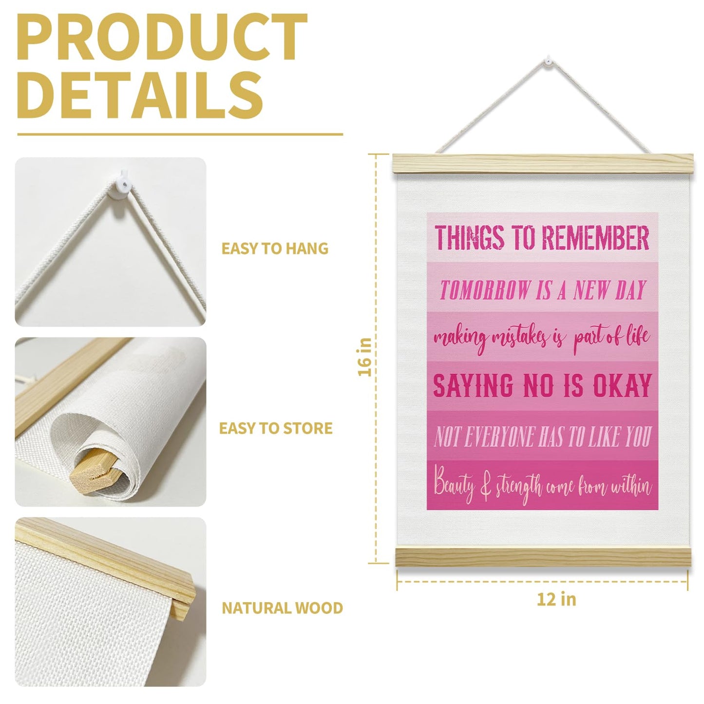 Pink Inspirational Mental Health Poster Hanger Frame, Thing to Remember Affirmation Posters Canvas Wall Art for Therapy Office Women Girls Room Nursery, 12x16 Inches -025