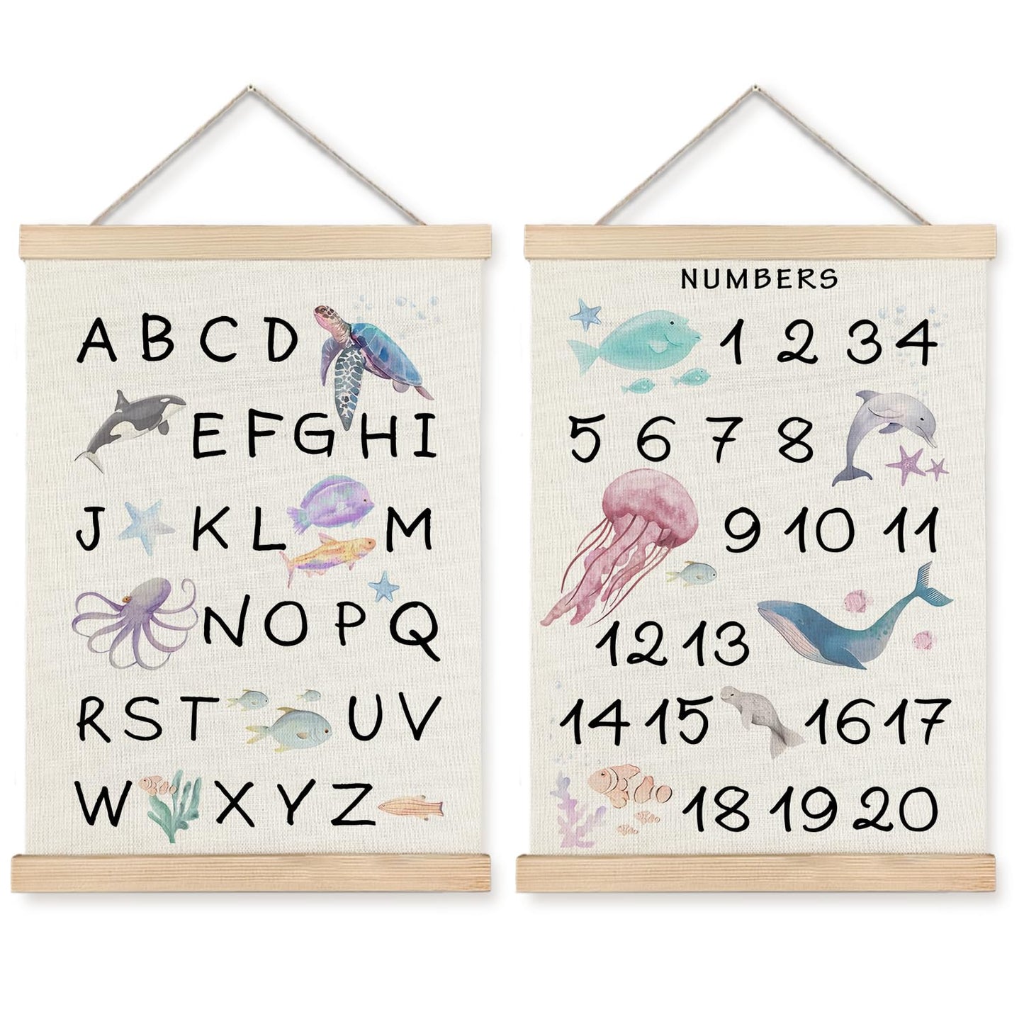Supwhd Ocean Nursery Decor, Alphabet Numbers Ocean Animals Poster Hanger Frame, Sea Animals ABC 123 Educational Wall Decor for Nursery Kids Room Playroom Classroom Homeschool, 16x24 Set of 2