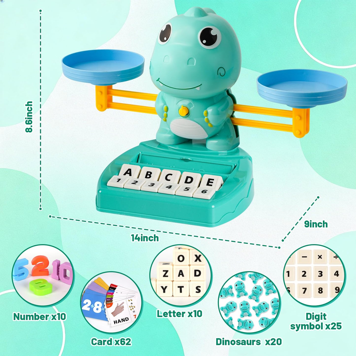 ISMETACU Upgraded Dinosaur Math Balance Toy with Number Blocks, Letter Cubes & 32 Learning Cards, Montessori Learning & Education Toys for Ages 3–7,Ideal Gift for Kids (Upgraded Blue)