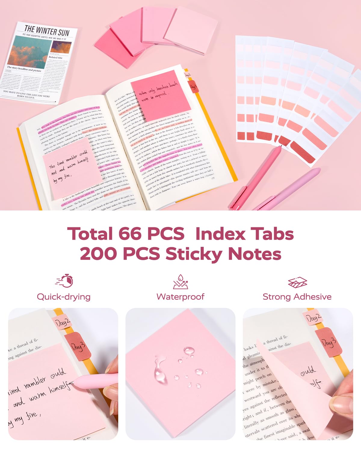 Four Candies Pink College Supplies and Nursing Essentials with Organizer, Gel Pens with Black Ink,Correction Tapes,Pastel Highlighters, Mechanical Pencils, Sticky Notes, Index Post