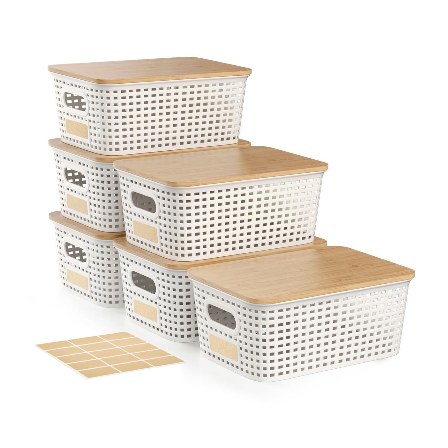 6Pcs Storage Bins with Lids, Stackable Plastic Storage Basket with Bamboo Lid, Pantry Organizer Box Small Containers for Organizing Shelves Drawer Desktop Closet Cabinet Office Classroom 10x7.1x4.1in