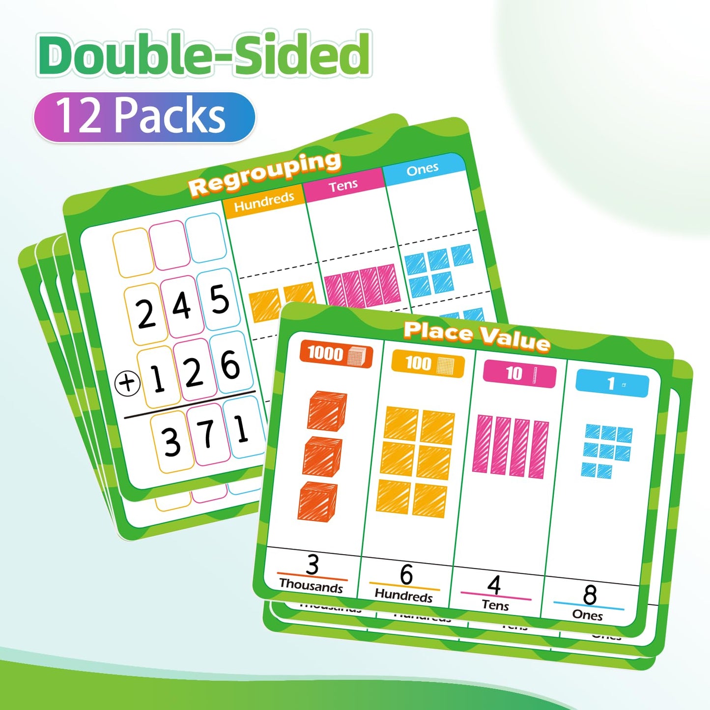 Laffunz 12 PCS Place Value Chart Dry Erase Flash Cards, Addition and Subtraction Learning Math Games for Kids, Base Ten Board Math Manipulatives 1st 2nd 3rd Grade Teacher Classroom Must Haves