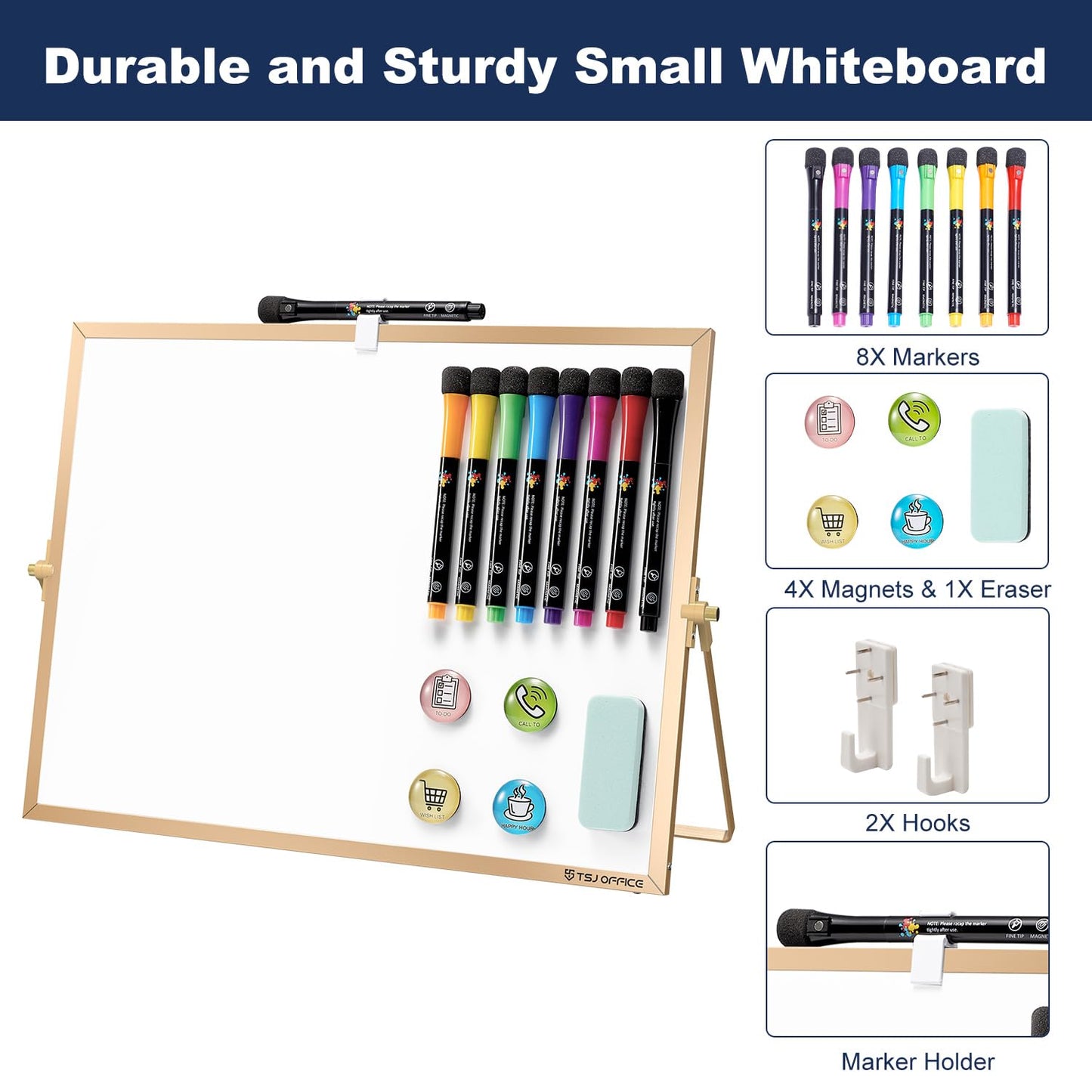 TSJ OFFICE Small White Board - 12 X 16 Inches Small Magnetic Dry Erase Board with Hooks for Wall, Desktop Whiteboard Stand 360 Degrees Revolving Double Sided for Office, Home, School, Gold
