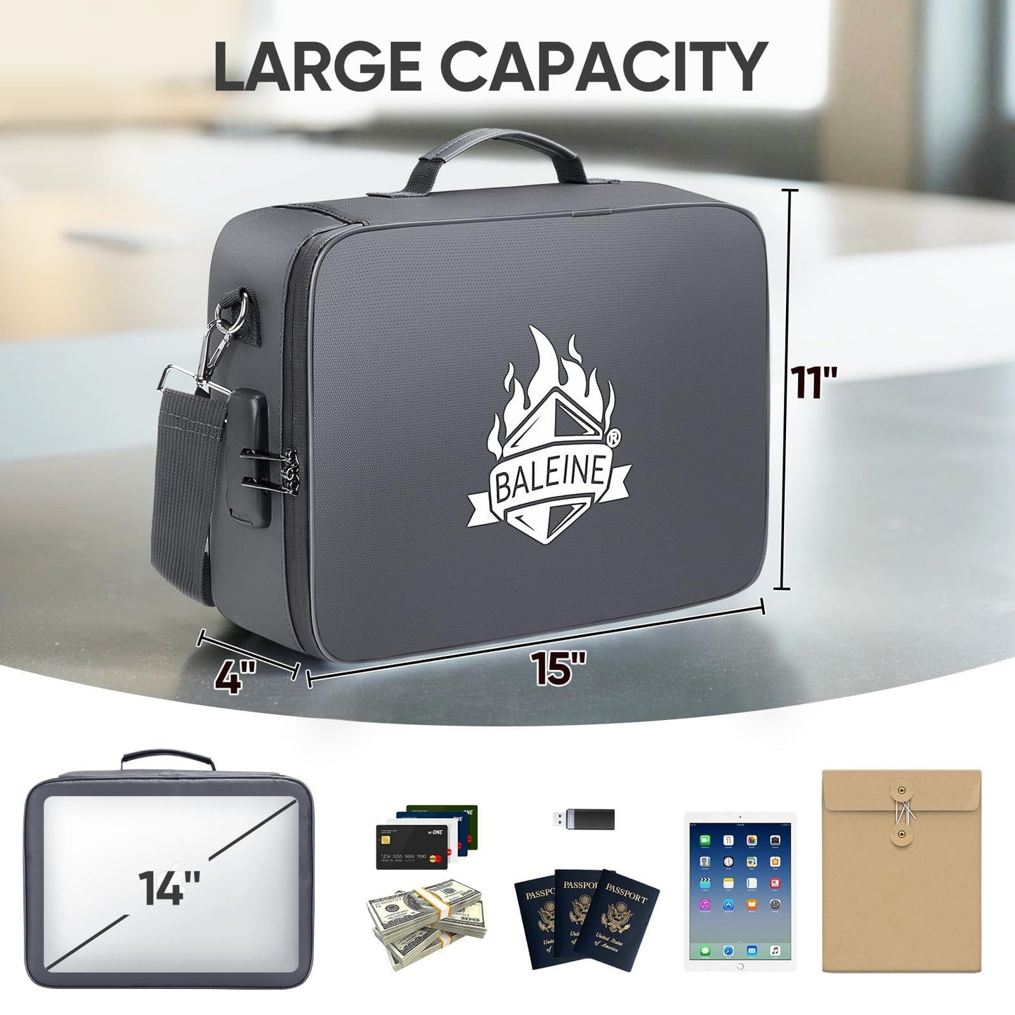 BALEINE Fireproof Document Box with Lock, Portable Fireproof Document Bag Waterproof Fire Proof File Boxes for Documents, File Organizer Box for Important Paperwork (Gray, 15''x11''x4'')