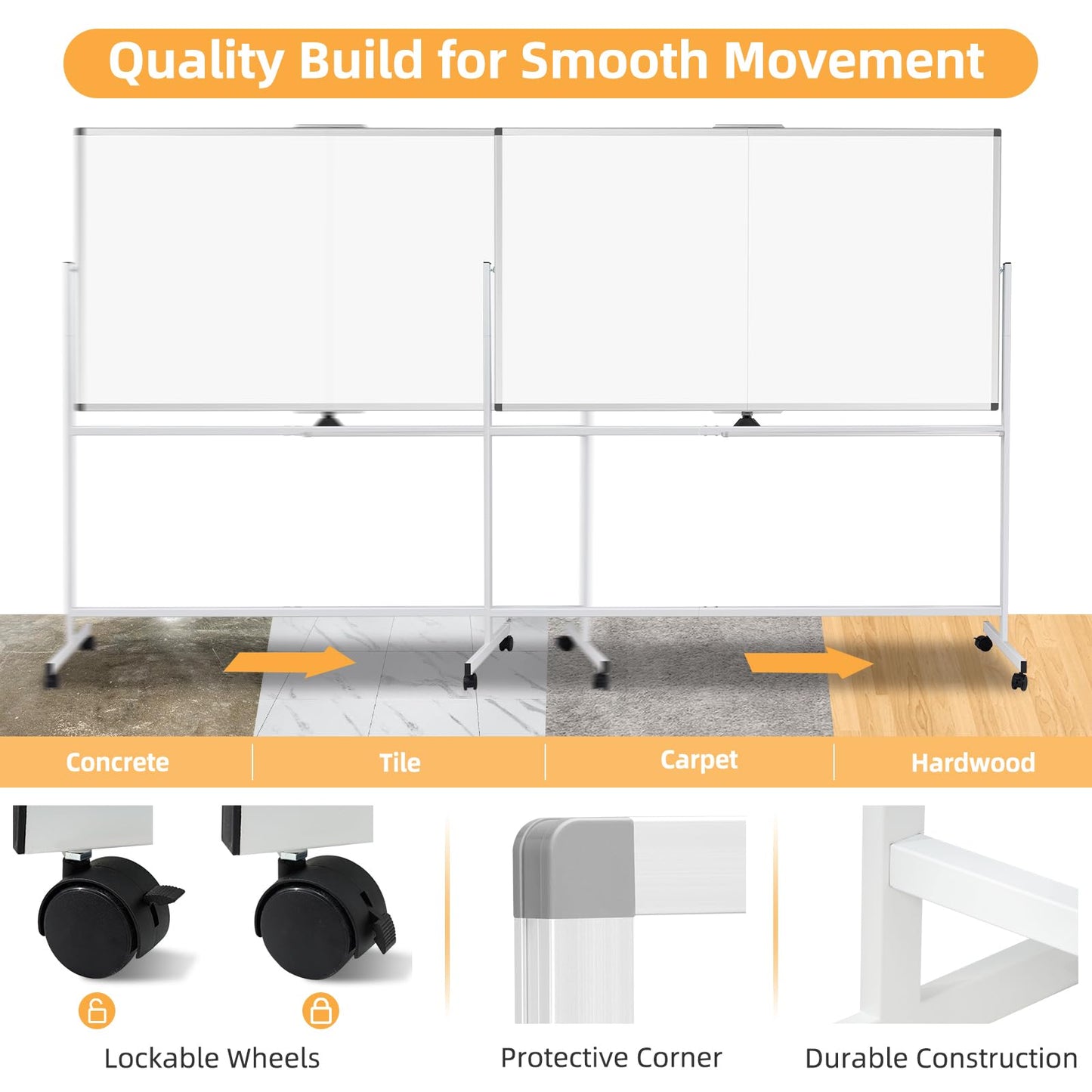 WALGLASS Rolling Whiteboard on Wheels, 72"x40" Double-Sided Dry Erase White Board with Stand, Large Magnetic Whiteboard, Giant Portable Standing Board for Office, School, Home, Classroom 6 x 3.33 ft