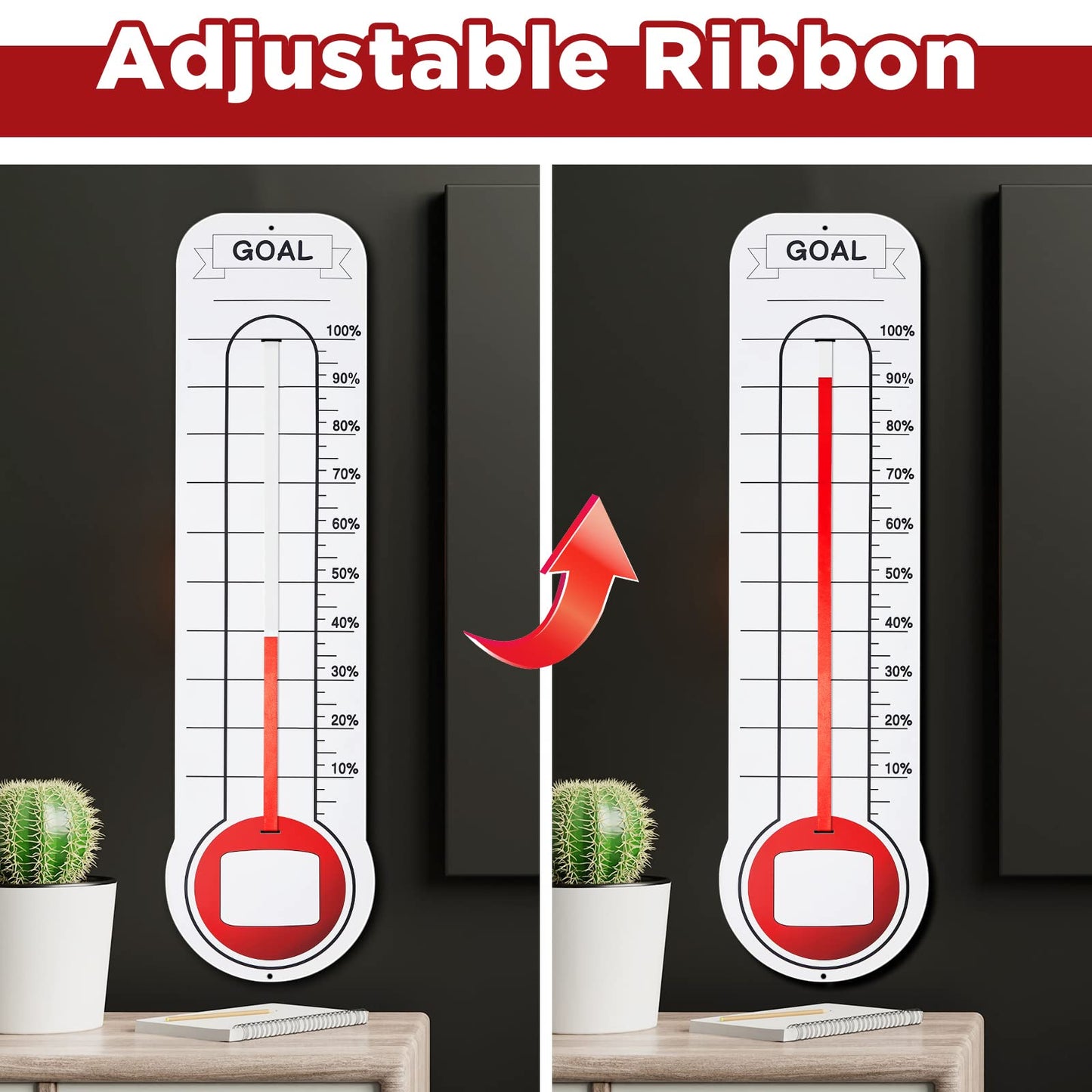 5 Pcs Goal Chart Fundraising Thermometer Goal Setter Board Goal Tracker Giant Goal Chart Goal Tracker Dry Erase Goal Setting Wall Mounted Thermometer with Pull Through Ribbon, 46 x 12 inches
