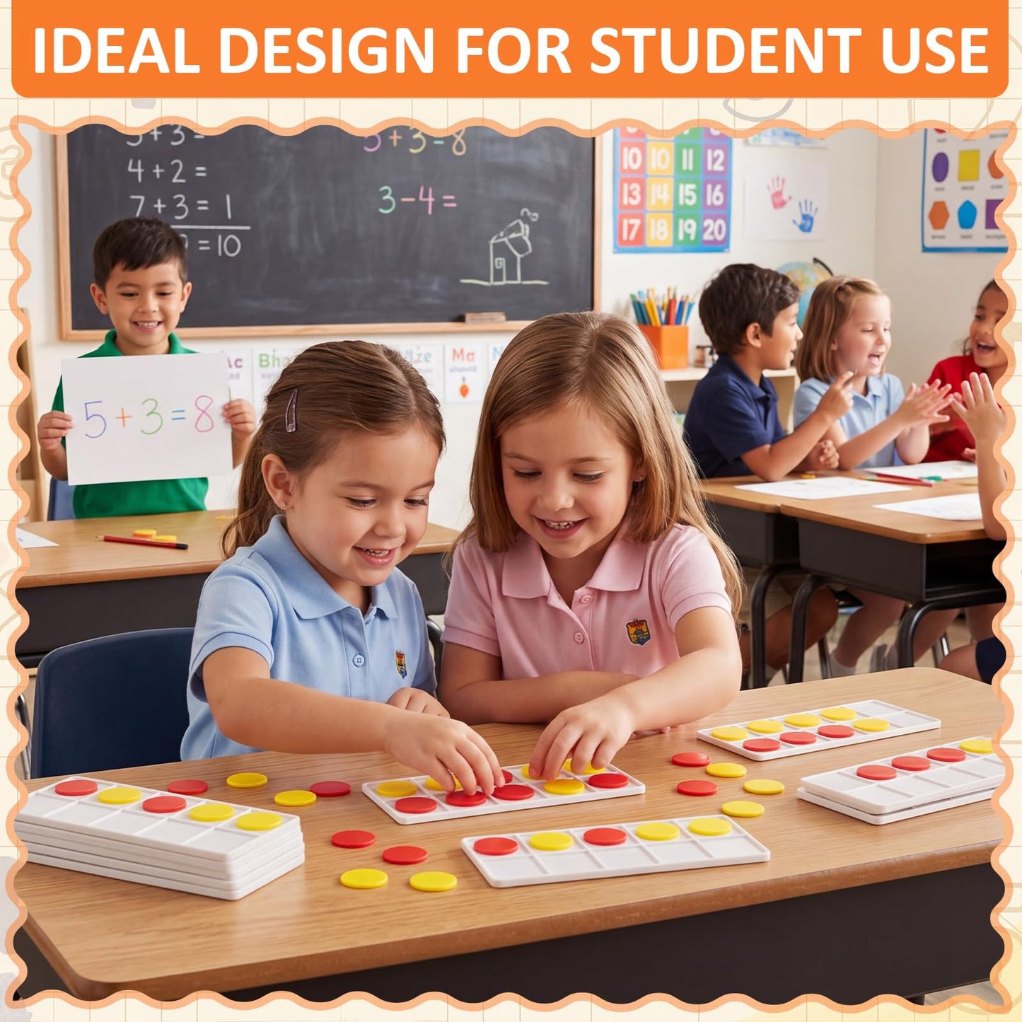 Soulchen 48 Sets Plastic Ten Frames for Classroom Math Manipulatives for Kids Classroom Math Counters Supplies Including 48 Plastic Ten Frames, 480 Counters for Teach Number Concepts (Red, Yellow)
