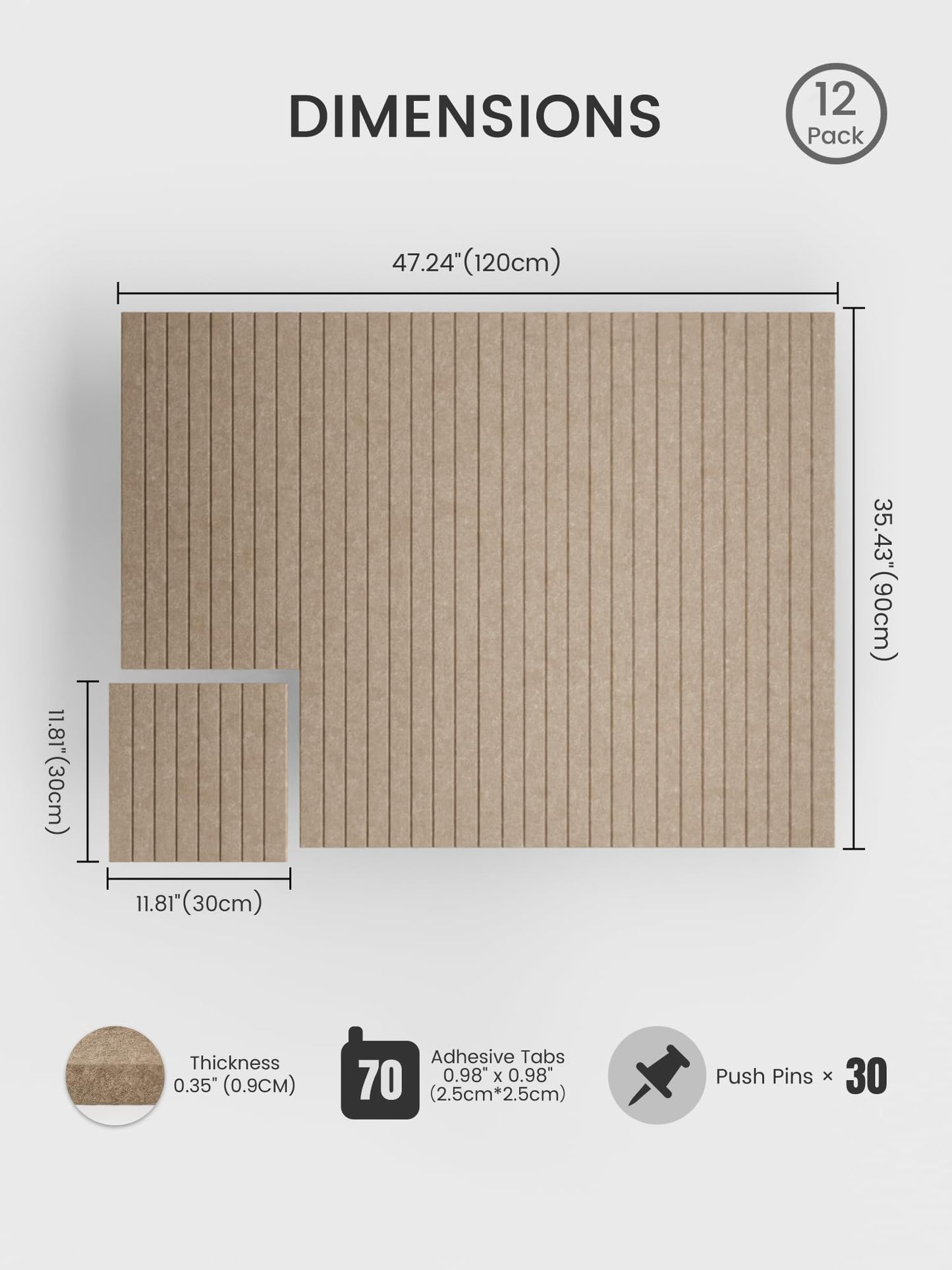 Bumusty Large Cork Board Alternative-48 x 36" Felt Bulletin Board Tiles, with 30 Pushpins, 70 Adhesive Tabs, Fine-Stripe 12-Pack, Cork Boards for Office Push Pin Board Felt Board-Taupe