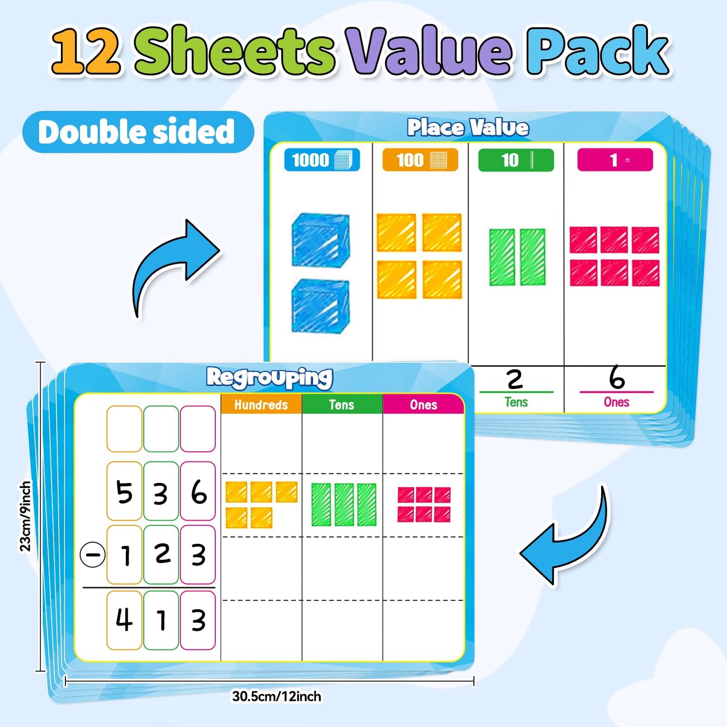 PraxiKidy 12 Pack Place Value Dry Erase Flash Cards Chart, 9" x 12" Base Ten Addition and Subtraction Math Manipulatives 1st 2nd 3rd Grade Classroom Must Haves Teacher Homeschool Supplies Essential