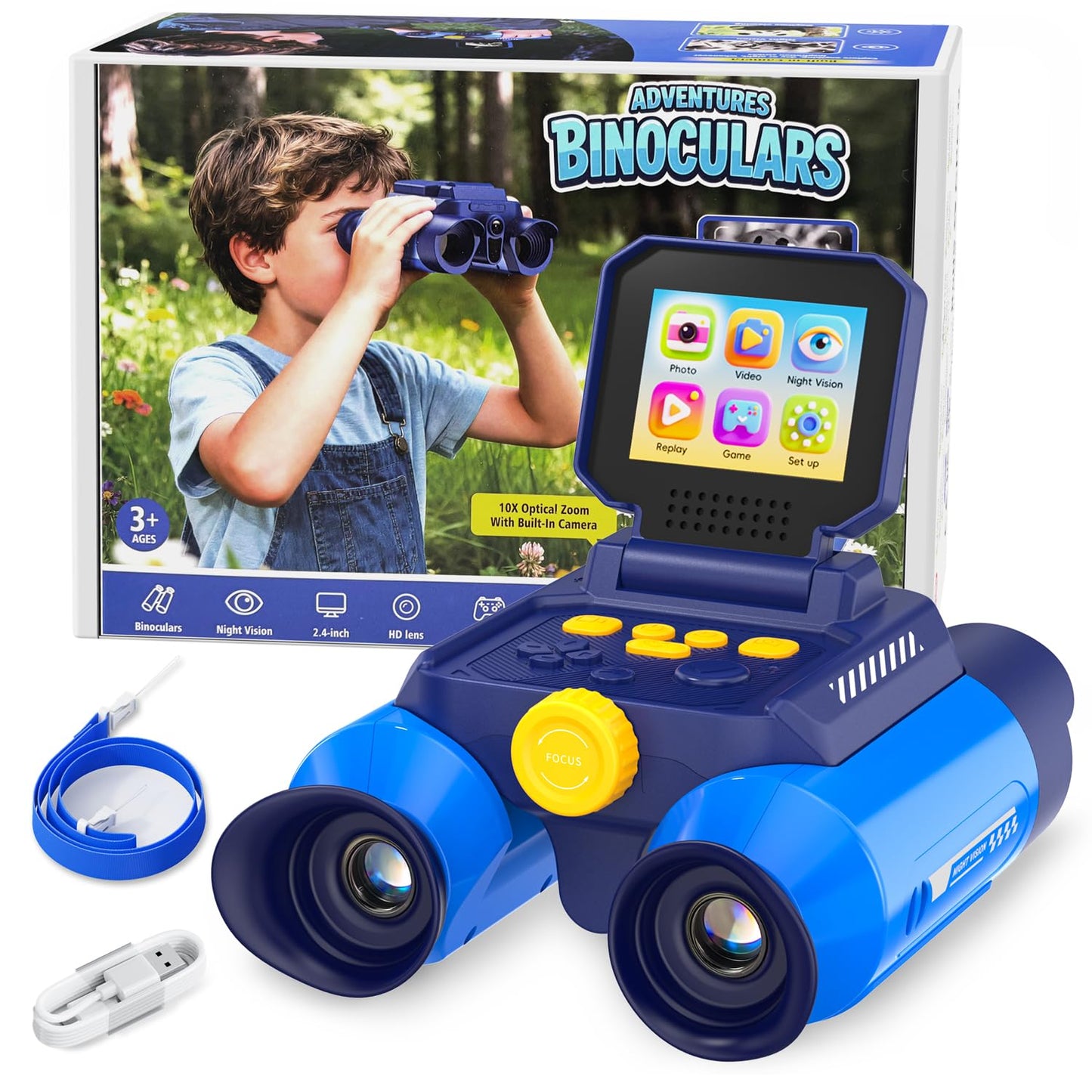 OAEBLLE Kids Binoculars with Night Vision Camera, 10X Zoom Digital Adventures Telescope with 2.4" IPS Screen, Nature Explorer STEM Toys for Bird Watching Camping, Gifts for Boys Girls Age 4-12 - Azure