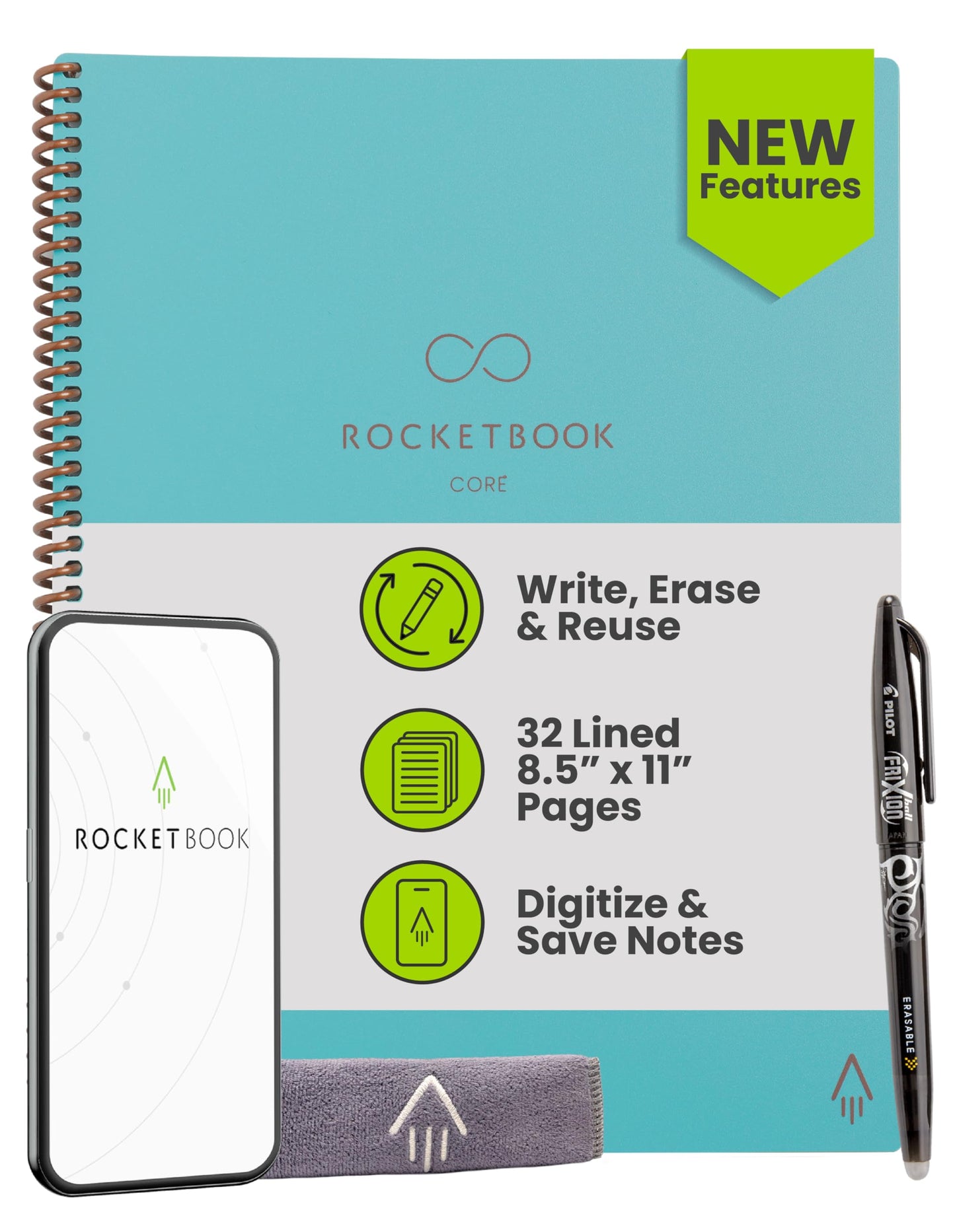 Rocketbook Core Reusable Smart Notebook, Lined Pages For School, Work and Creative Projects, Letter Size 8.5x11, Teal - Premium