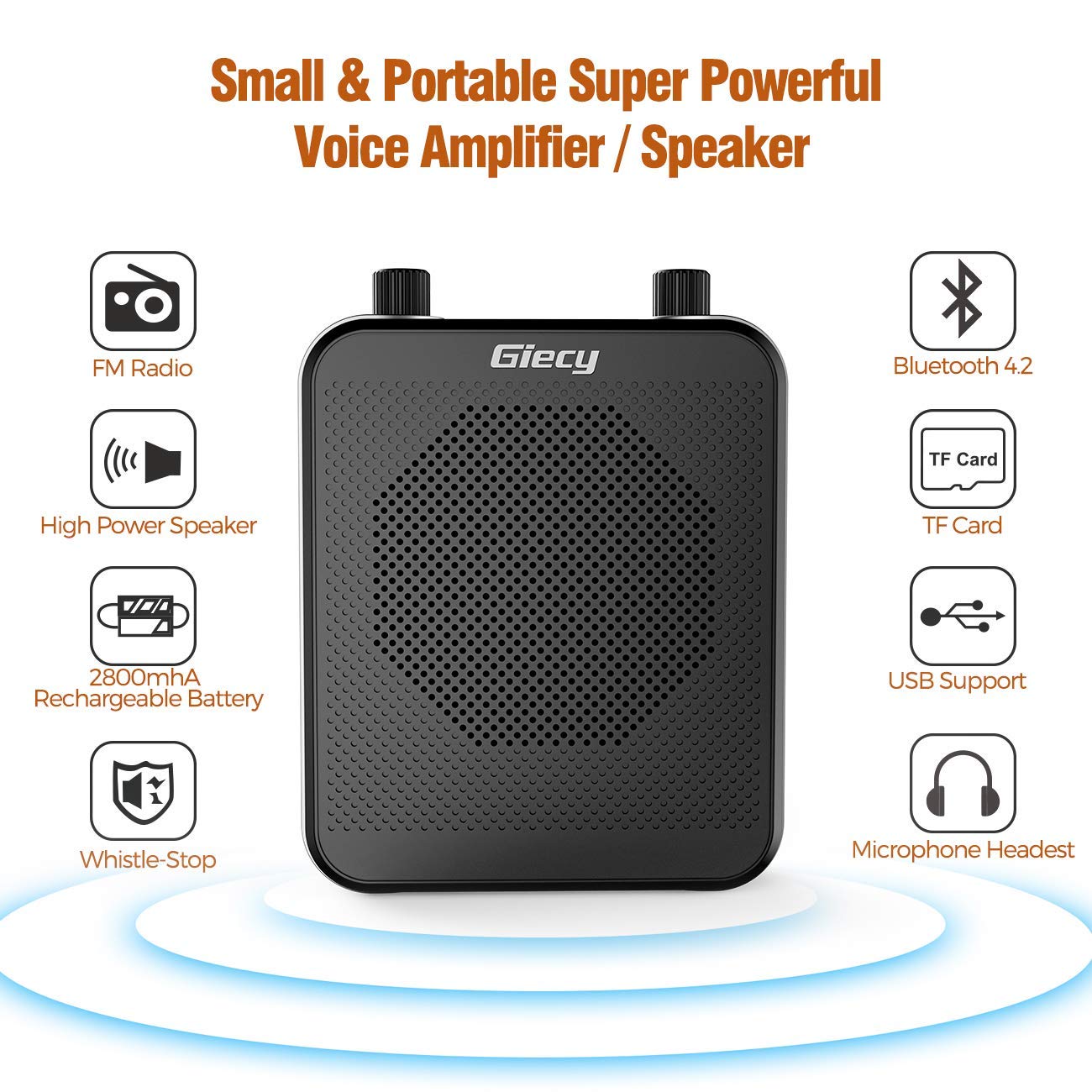 Giecy Portable Voice Amplifier, 30W 2800mAh Bluetooth Rechargeable Personal Voice Amplifier with Microphone Headset, Pa Systems Speaker for Multiple Locations Classroom, Meetings and Outdoors