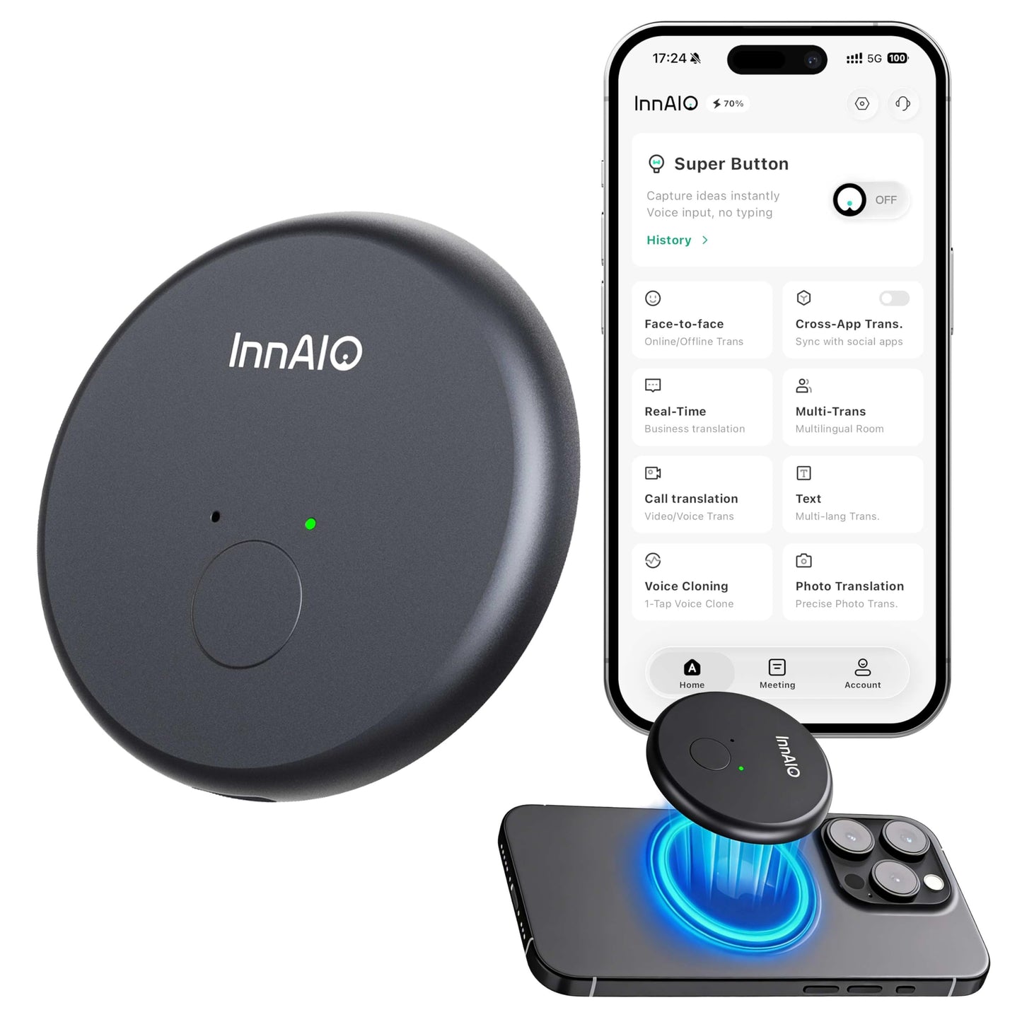InnAIO AI Language Translator Device with Voice Cloning, GPT-Powered Real-Time Translation, 140+ Languages, Meeting Minutes and Photo Translation, Ultra-Fast Accuracy for Business/Travel - Black