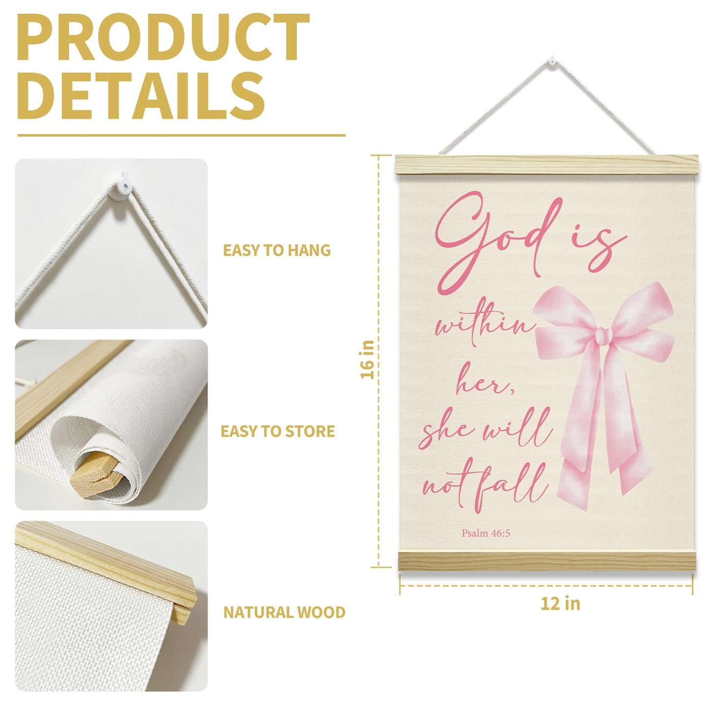 Pink Bow Coquette Poster Hanger Frame, God is within Her Bible Verse Christian Posters Canvas Wall Art for Women Girls Dorm Bedroom Decor, 12x16 Inches -029