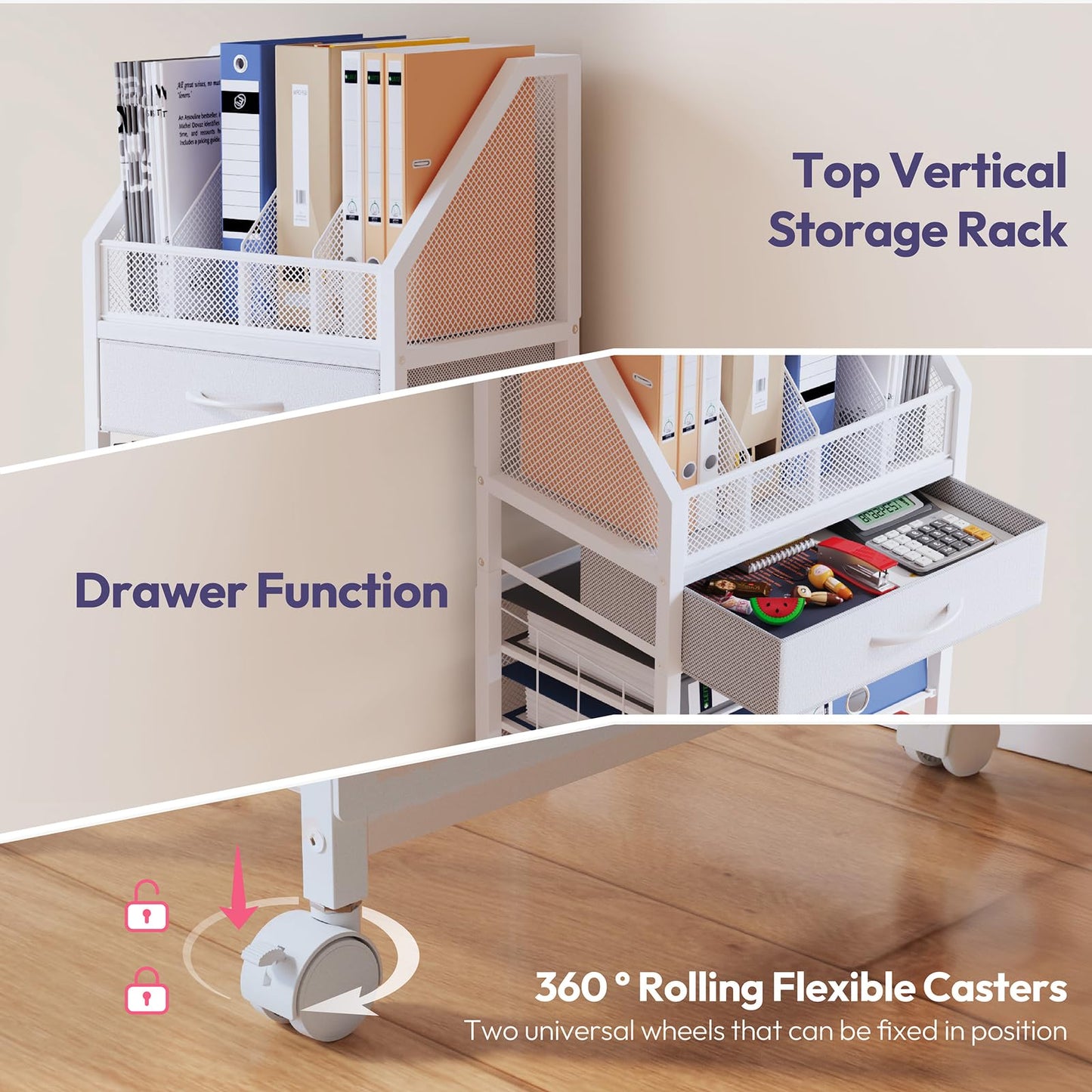 SWTYMIKI 9-Tier Rolling File Cart - Paper Organizer with Drawer and Trays, Wood Desk Office Organizer, Office Organization and Binder Storage for Workspace, Home, School, White
