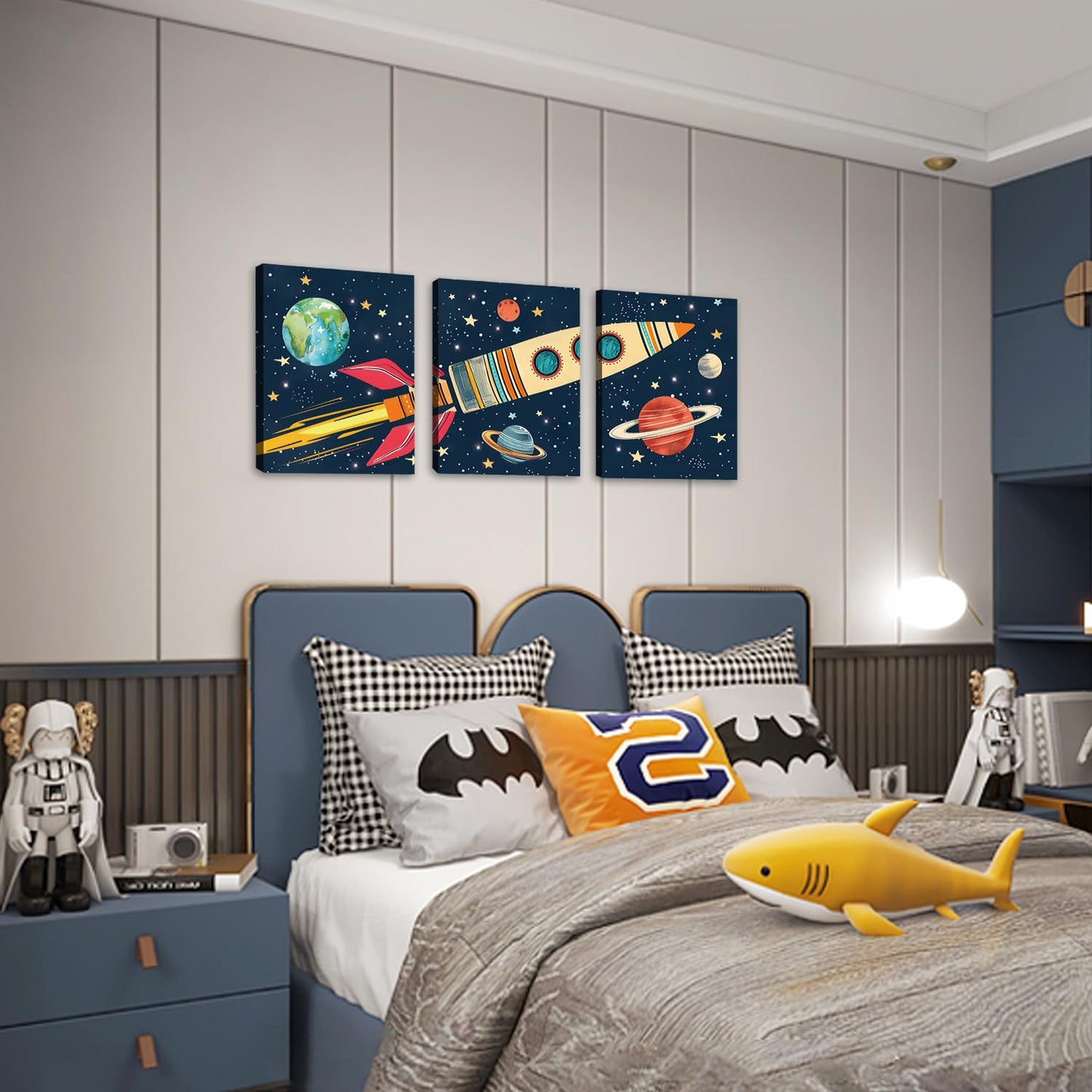 KAIRNE Rocket Outer Space Decor,Solar System Wall Art,The Planets Hanging Decor,Rocket Artwork Paintings out of space decor for Boys Bedroom Toddler Kids Room Classroom Decoration