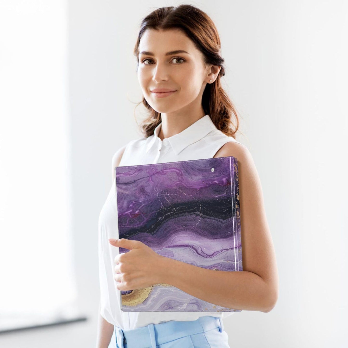 Purple Round Ring Binders 1.5 Inch White Pink Gold Marble Tie Dye 3 Ring Clipboard Binder for Office School Work Supplies File Folder Document 200 Sheet Capacity Easy Open