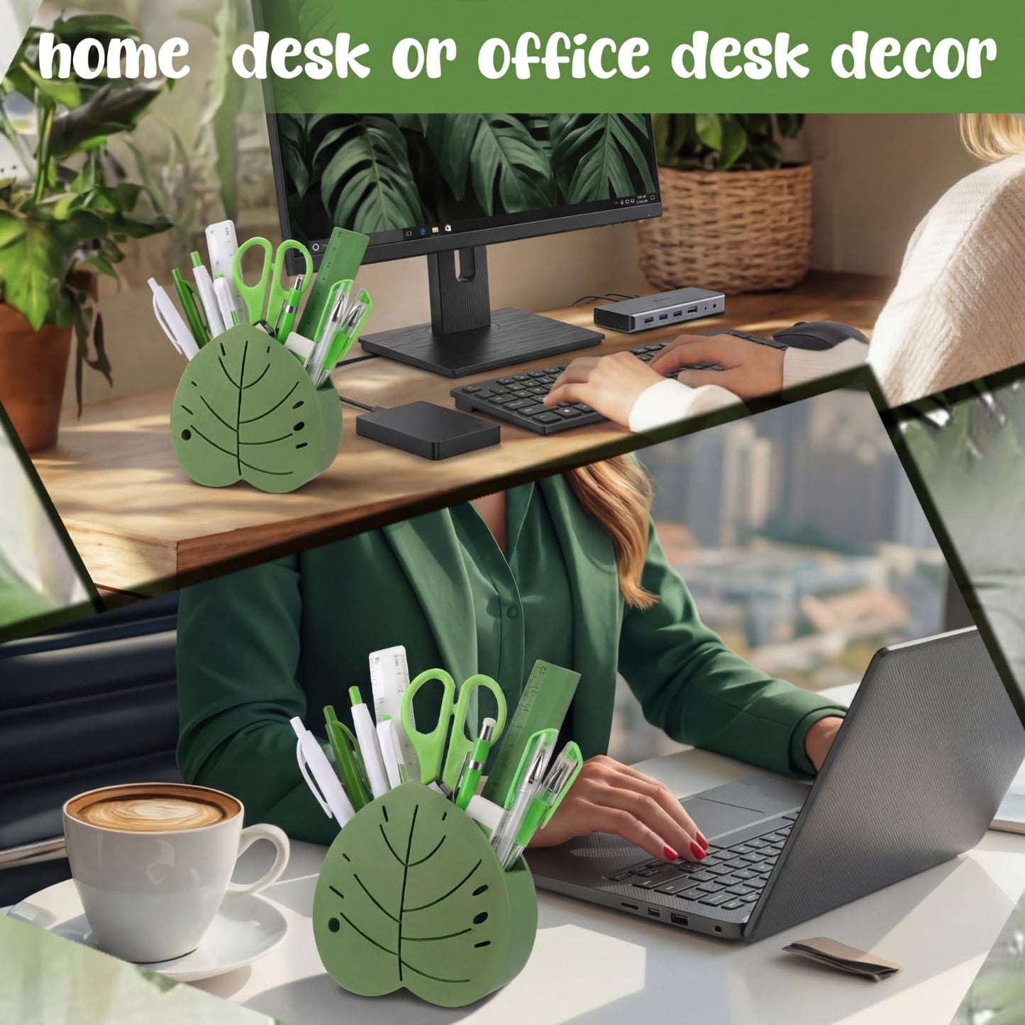Tenceur Tropical Palms Pen Holder Green Monstera Large Capacity Pencil Holder Funny Office Decor Pencil Cup Pot Desk Organizer for Office Makeup Brush Holders Back to School Gift for Coworkers Women