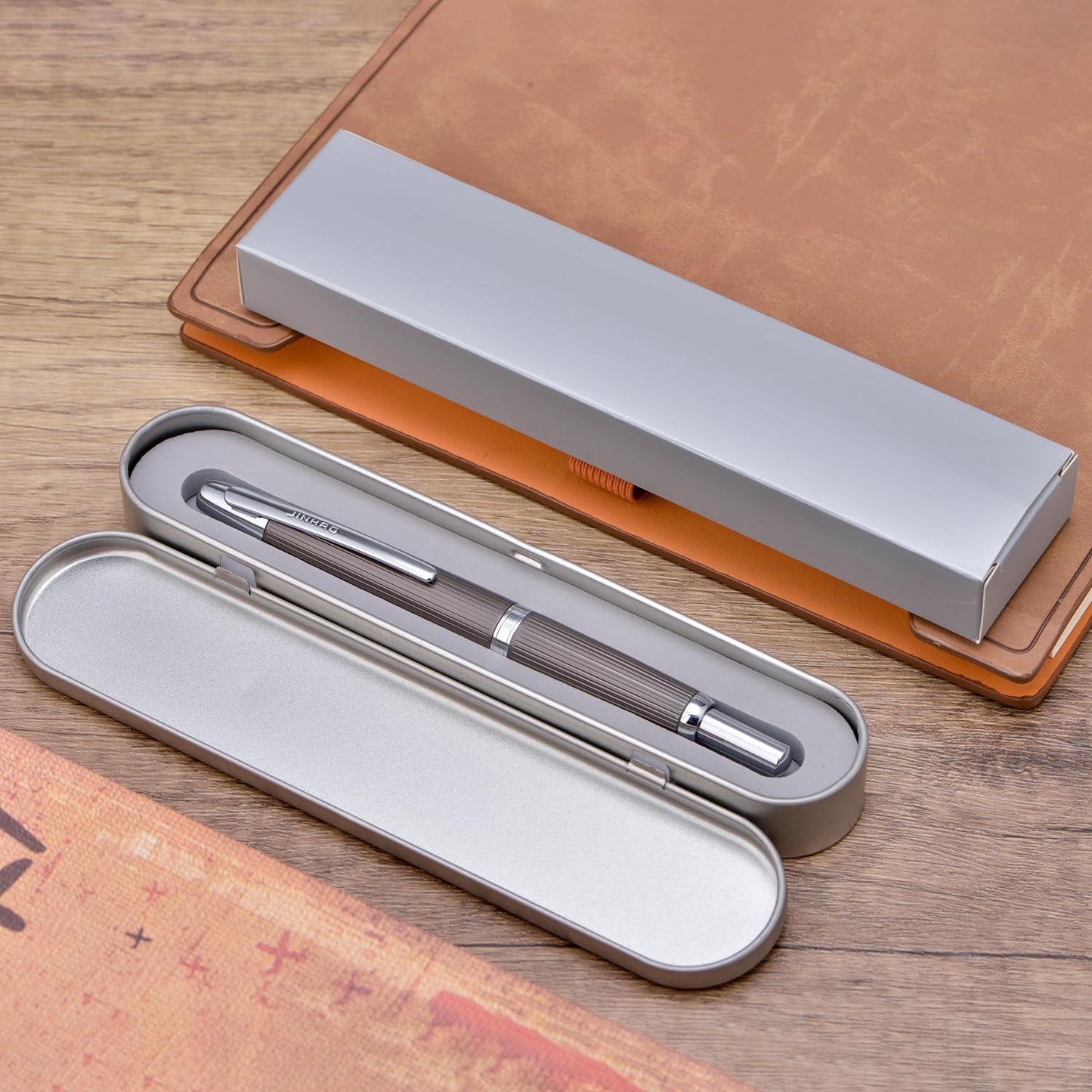 Jinhao 10 Press Fountain Pen with Box, Brushed Matt Gray Retractable Extra Fine Nib with Ink Converter Set (Silver Clip)