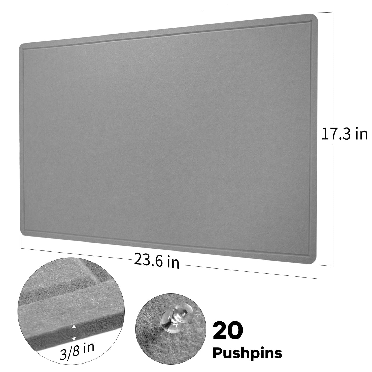 Lightomorrow Bulletin Board, 24 x 18 inches Felt Board Decorative Pin Board, Cork Board Alternative for Wall, Foldable Photo Board Self-Adhesive Vision Board Mood Board with 20 Pushpins - Gray