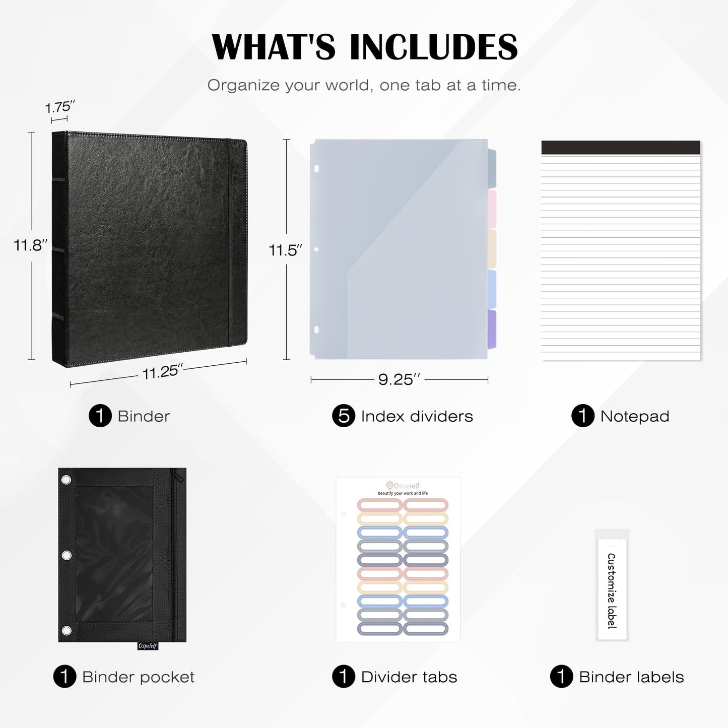 Ospelelf Leather 3 Ring Binder for Letter Size Documents with Pocketed Dividers, 1 Inch Round Rings, Holds 175 Sheets, Binders with Storage Bag & Notepad, for Office School Home Organization, Black
