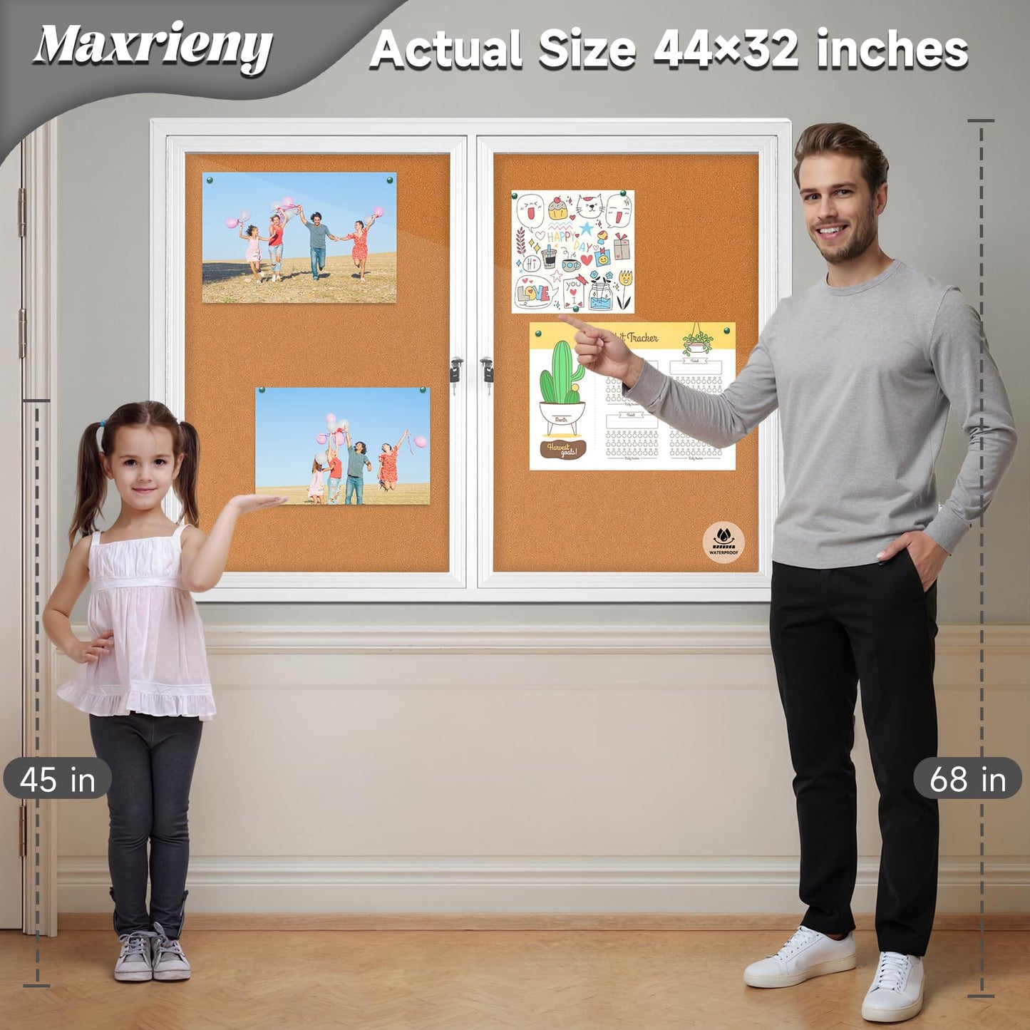 Lockable Outdoor Enclosed Bulletin Board, Weatherproof Cork Noticeboard with Locking Door, Wall-Mounted Aluminum Framed Display Case for Messages (Silver Frame & Cork, 44x32 in)
