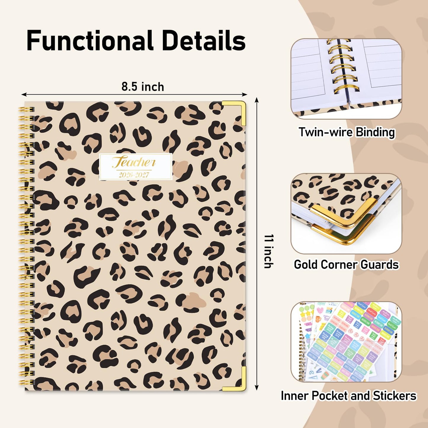 Teacher Planner 2026-2027, Jul 2026-Jun 2027 Academic Year, 8.5" x 11" Lesson Planner Book for Teacher Calendar, Spiral Bound Planners, Planning Stickers, Colorful Monthly Tabs, Leopard