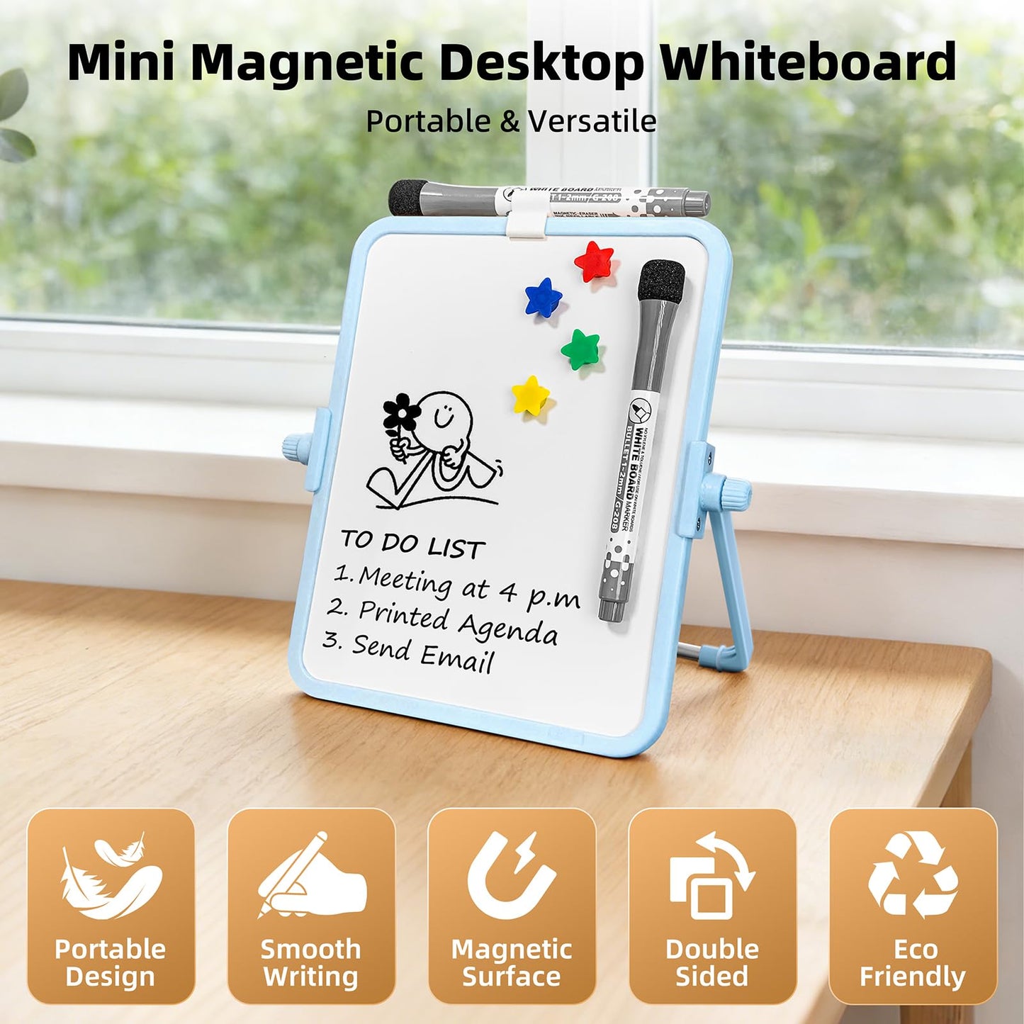 FUNISKETCH Colorful Dry Erase White Board 6.7x8.4in, Magnetic Desktop Board with Stand, 2 Markers (Eraser Head), 4 Magnets - Double-Sided Easel for Daily Planning, Memo, Office/Home/School (Blue)