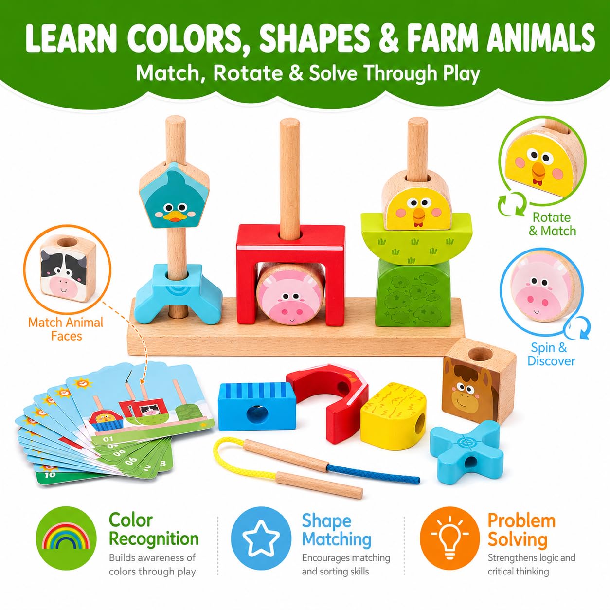 hahaland Montessori Toys for 1 2 3 Year Old, Wooden Farm Stacking & Sorting Toy with Lacing Beads, Shape Cards & Brain Blocks, Toddler Puzzle Activity, Learning Gift for Boys Girls 12 Month+