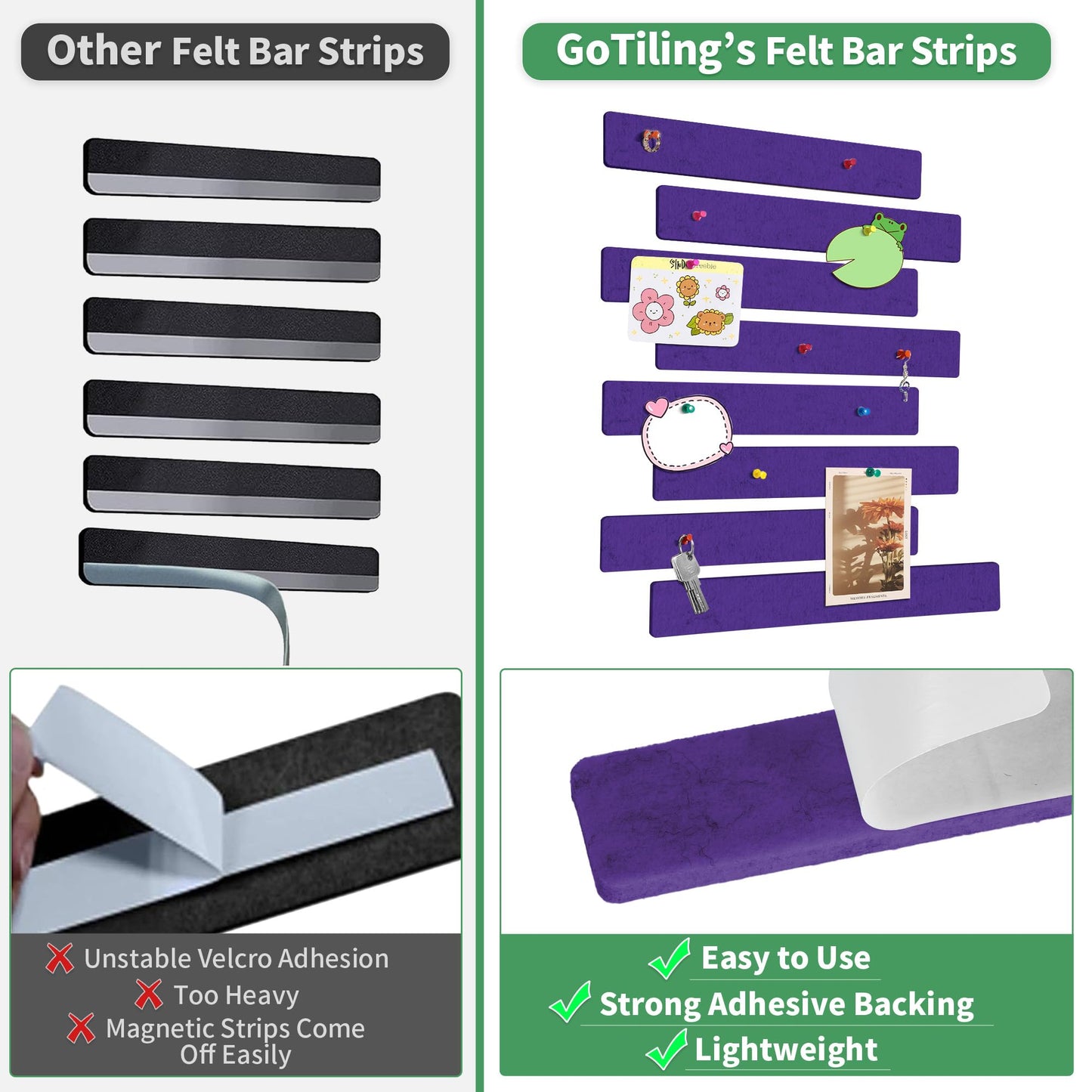GoTiling Cork Board for Walls - 8 Pack Felt Pin Board Bar Strips - Self-Adhesive Lightweight Bulletin Board - Cork Board for Office with 40 Push Pins No Damage for Wall (Violet)