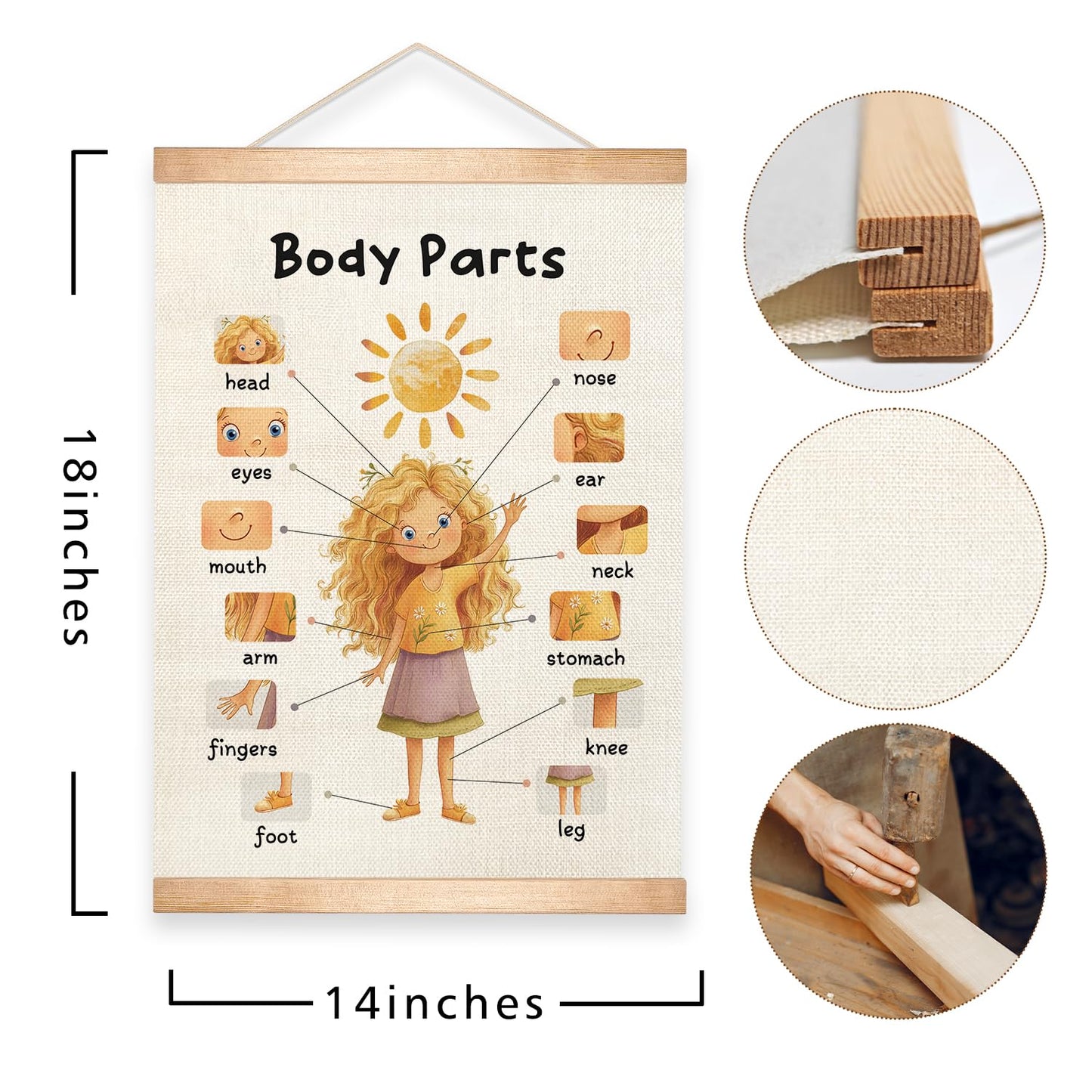 HEYJEEPER Body Parts Learning Posters Set of 2,Linen Educational Wall Art with Wood Hanger, Cute Girl & Boy Body Parts Charts for Toddlers Preschool Classroom Playroom Nursery Decor,18.5x14 Inch