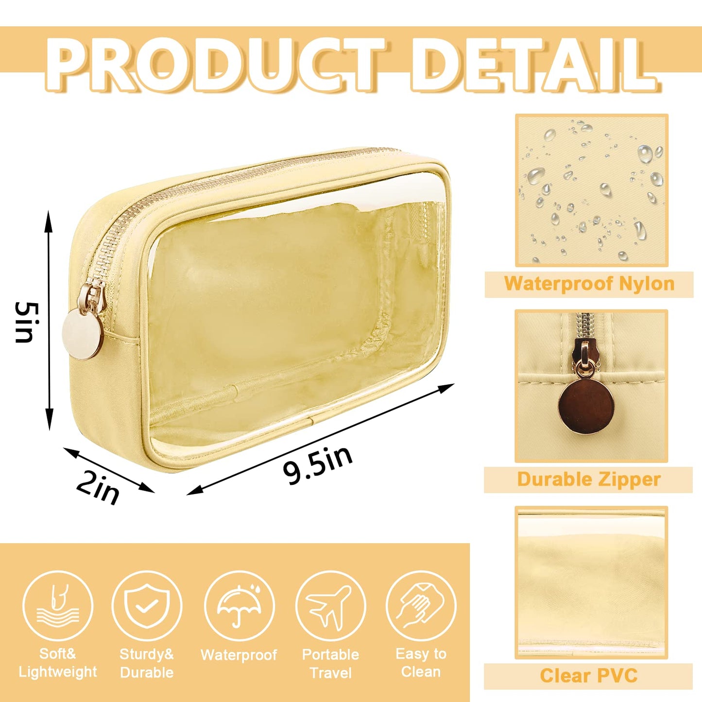 UIXIZQ Clear Small Makeup Bag with Zipper, Nylon&PVC Cosmetic Travel Bag Preppy TSA Approved Toiletry Bag for Women Girls, Transparent Waterproof Makeup Pouches Cute Travel Bag for Purse(Small-Beige)