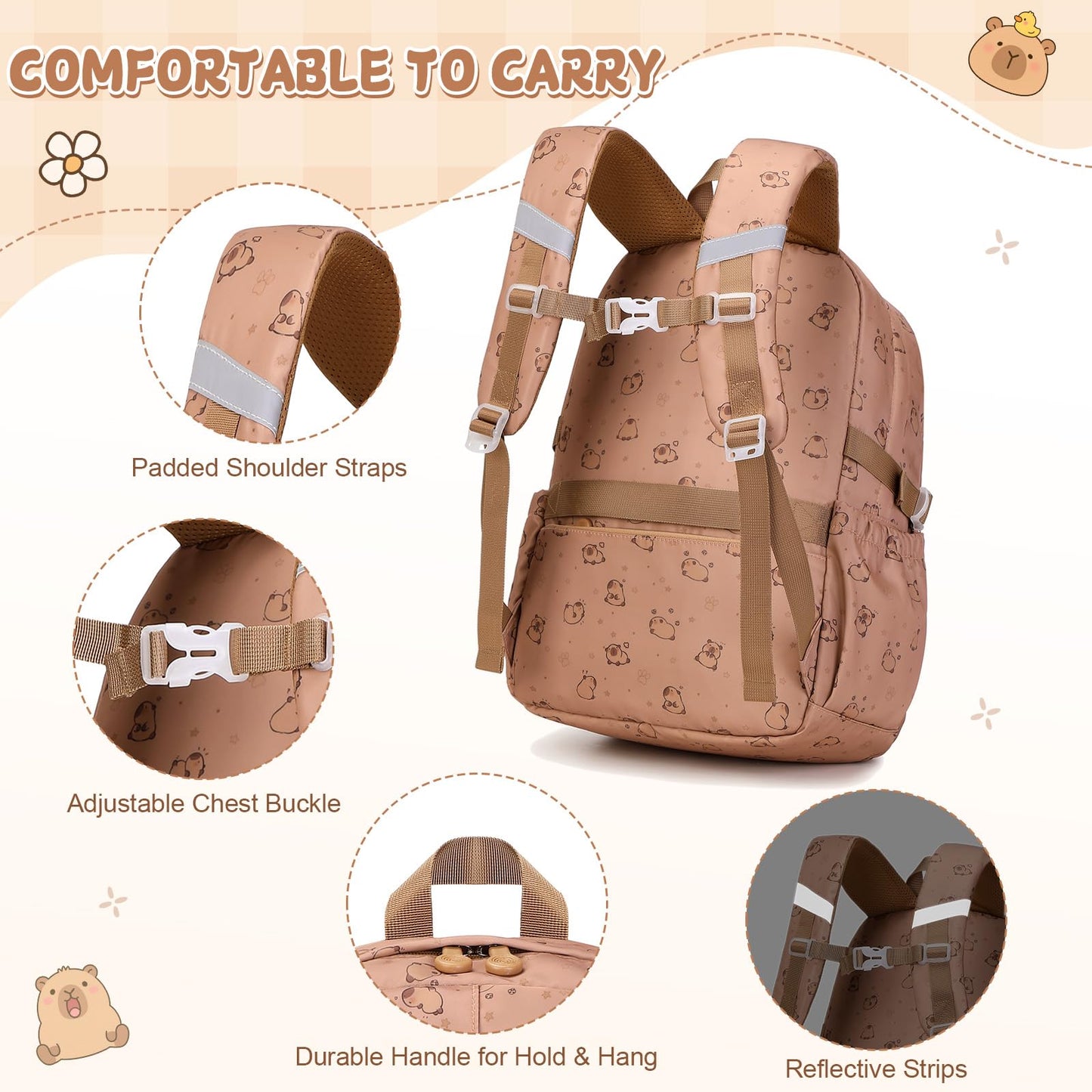 Similove Capybara Theme Backpack for School Girls, 35PCS Kids Backpack Set with School Supplies Stationery Kit Lunch Box Pencil Case, Cute Girls Bookbag for Kindergarten Elementary Student