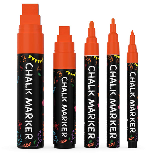 5 Orange Chalkboard Chalk Markers - Orange Dry Erase Markers for Blackboard, Chalkboard Signs, Windows, Glass | Variety Pack - Fine & Jumbo Size Ink Pen (1mm, 3mm, 6mm, 10mm, 15mm)