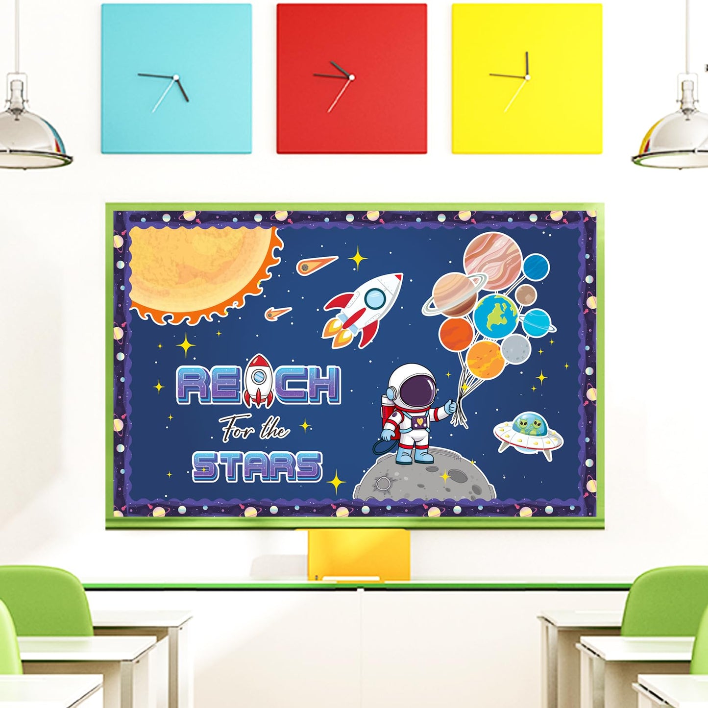 Outer Space Bulletin Board Decorations Set with Borders Space Theme Solar System Motivational Cutouts Decor for Teachers Astronaut Bulletin Board for Class School Classroom Chalkboard Wall Decor