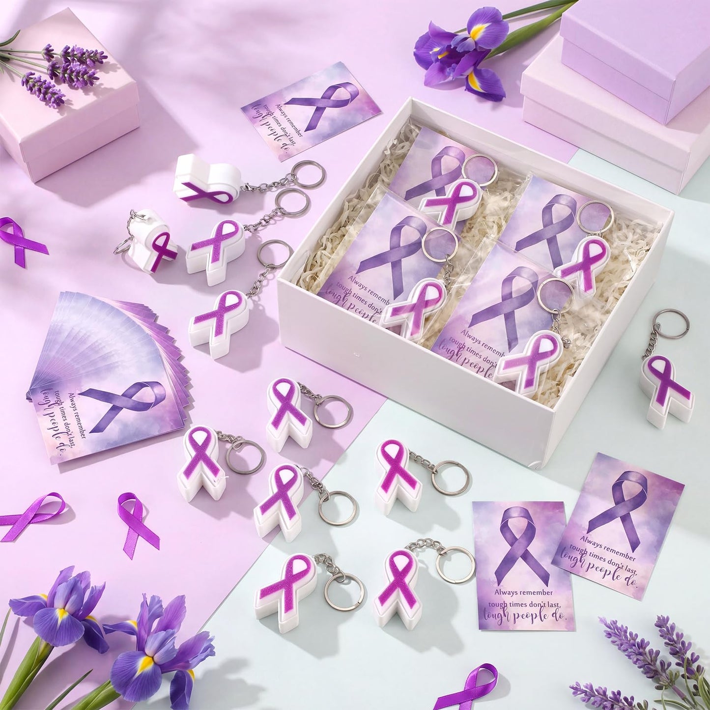 Gerrii 24 Sets Purple Ribbon 3D Fidget Keychains Lupus Awareness Products with Inspirational Cards 3D Press Stress Relief Sensory Gifts for Epilepsy, Alzheimer, Lupus Charity Event Gifts(Purple )