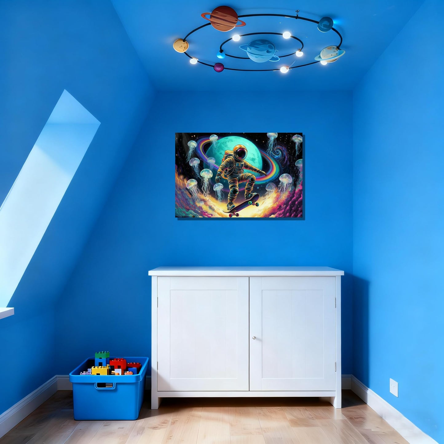 16x24 Framed Space Astronaut Skateboard Canvas Wall Art Colorful Galaxy Print with Jellyfish Rainbow Cosmic Tenn Boy Room Fantasy Decor Kids Bedroom Funny Earth Poster Child Study Room Office Picture