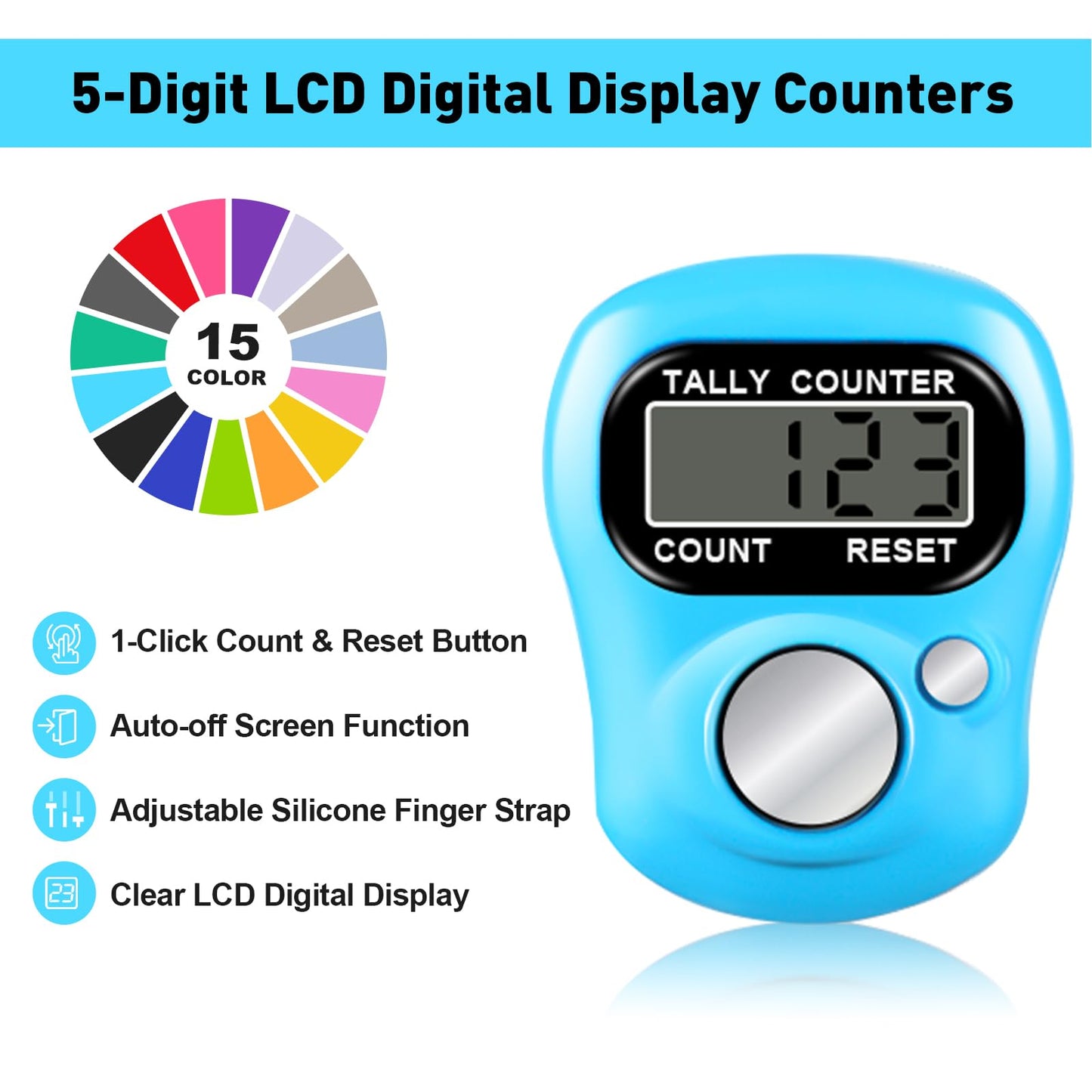 ALDMIO 15 Pcs Electronic Finger Counter, 5 Digital Finger Counter, Resettable Hand Tally Clicker Counters for Counting Numbers Knitting Coaching Golf Lap Fishing School Sports Event