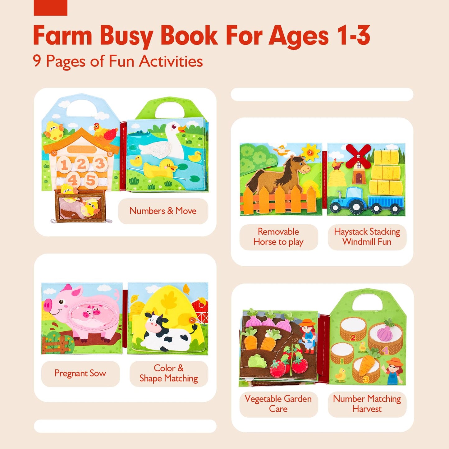 hahaland Busy Book for Toddlers 1-3 - Farm Animals Quiet Busy Board for 1 Year Old, Montessori Toys for 1 Year Old Boy Girl Gifts, Educational First Activity Books Felt Board Toddler Travel Toys