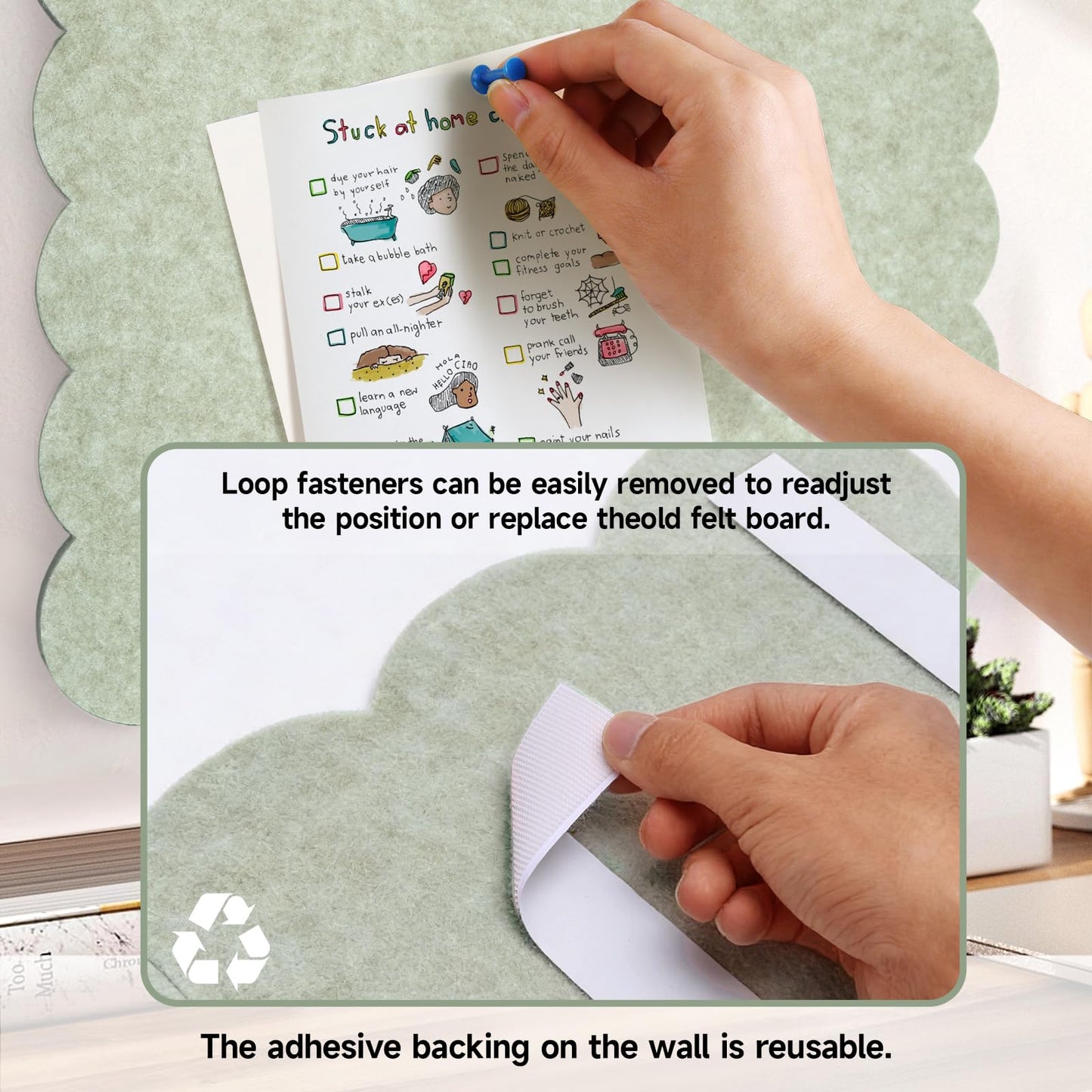 Felt Bulletin Board 24" x 18" Cork Board Alternative,Decorative Felt Pin Board Foldable Cork Boards for Walls Self-Adhesive Cork Board for Home Office Classroom Pin Board (Sage Green)