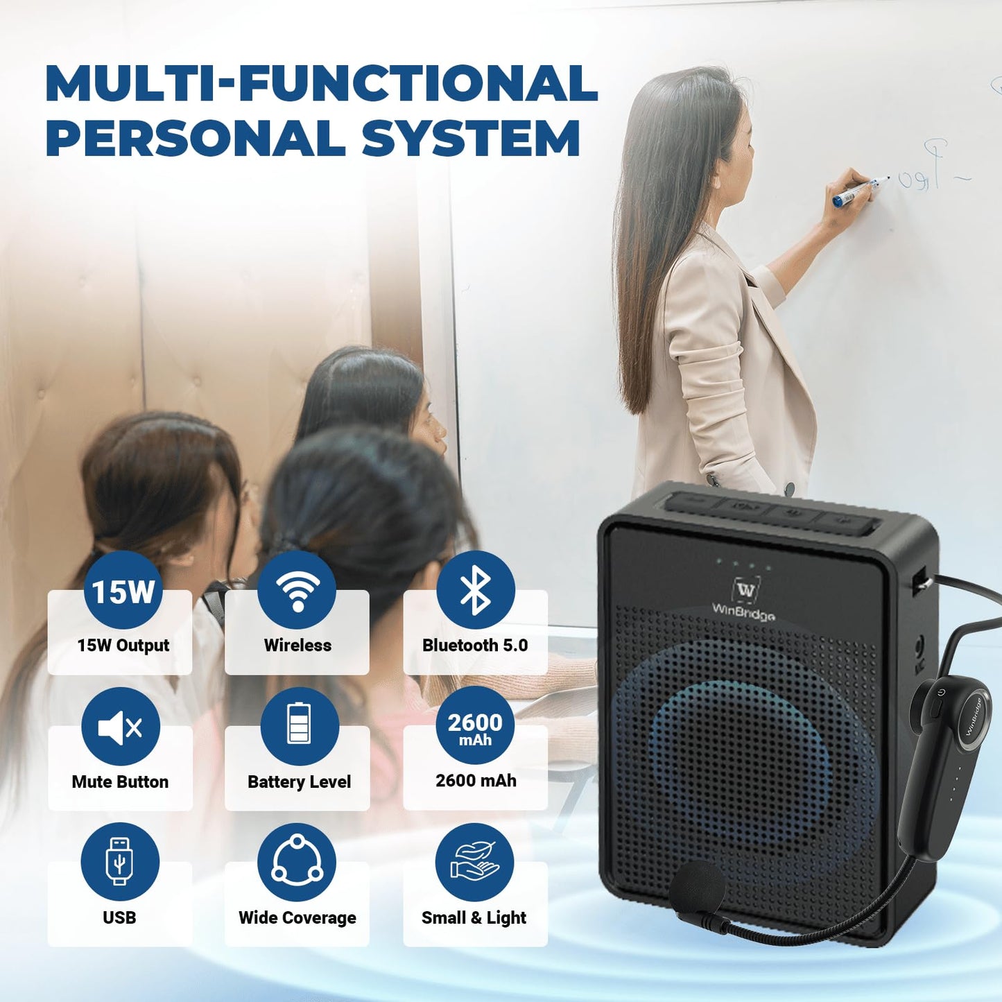 Voice Amplifier Wireless Microphone Headset, Original Sound Ultra Portable Microphone and Speaker, 15W Megaphone Speaker with Bluetooth Mic, Personal PA System for Teachers Classroom Tour Guide B002
