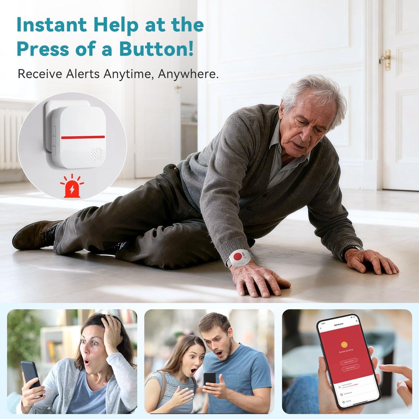 WiFi Caregiver Pager Life Alert Systems for Seniors No Monthly Fee App Control Medical Alert Systems for Seniors, 1Waterproof Call Button+ 1Watch Button 1Receiver(Only Supports 2.4GHz Wi-Fi)