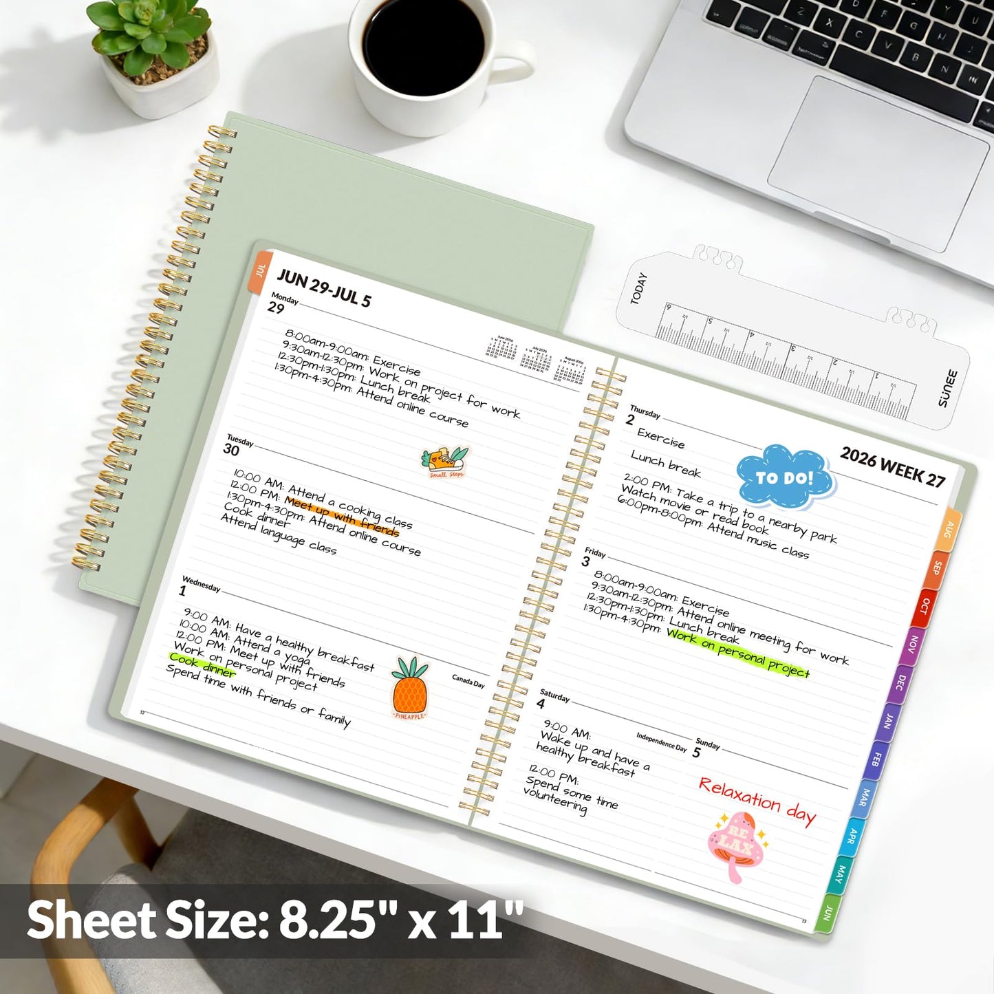SUNEE Academic Planner 2026-2027 – Weekly & Monthly Planner, July 2026 to June 2027, 8.5"x11", Thick Paper, Tabs, Pockets, Bookmark, Spiral-Bound, Student Teacher Organizer, Sage Green