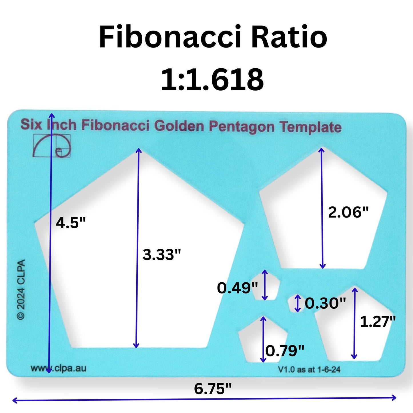 CLPA Fibonacci 3-Piece Template Set — 6" Triangle, Pentagon and Hexagon | Golden Ratio Drawing Tools | Fibonacci Art and Drafting Stencils | Clear PETG | Made in Australia