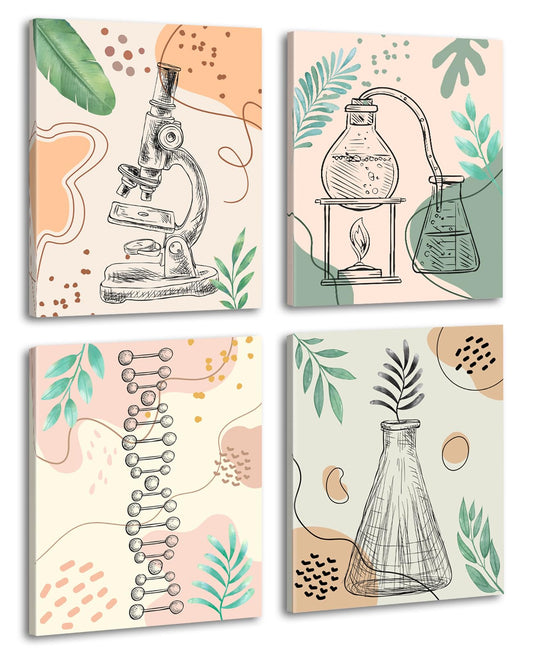 Framed Chemical Science Canvas Art Print,Biology Prints,Chemistry,Science Art Posters,Boho Classroom Wall Art,for Classroom Middle School Laboratory Library Nursery Decor,Set of 4,8"x10"inch ﻿