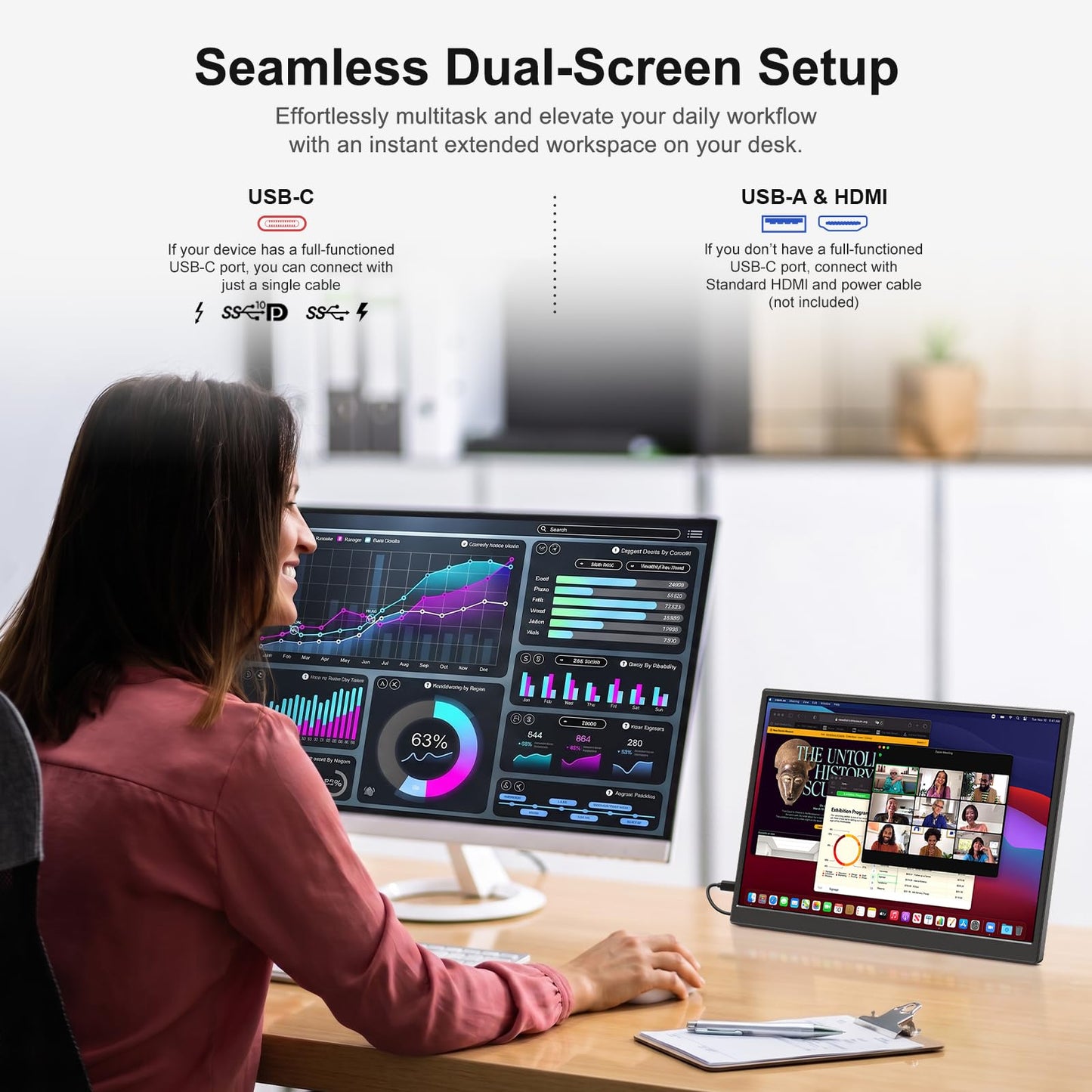 Anyuse 14" FHD 1920×1200 Portable Monitor – USB-C HDMI Ultra-Slim IPS Travel Display with Speakers, HDR Plug & Play, 400cd/m² Brightness, External Second Screen for Laptop PC Mac Phone