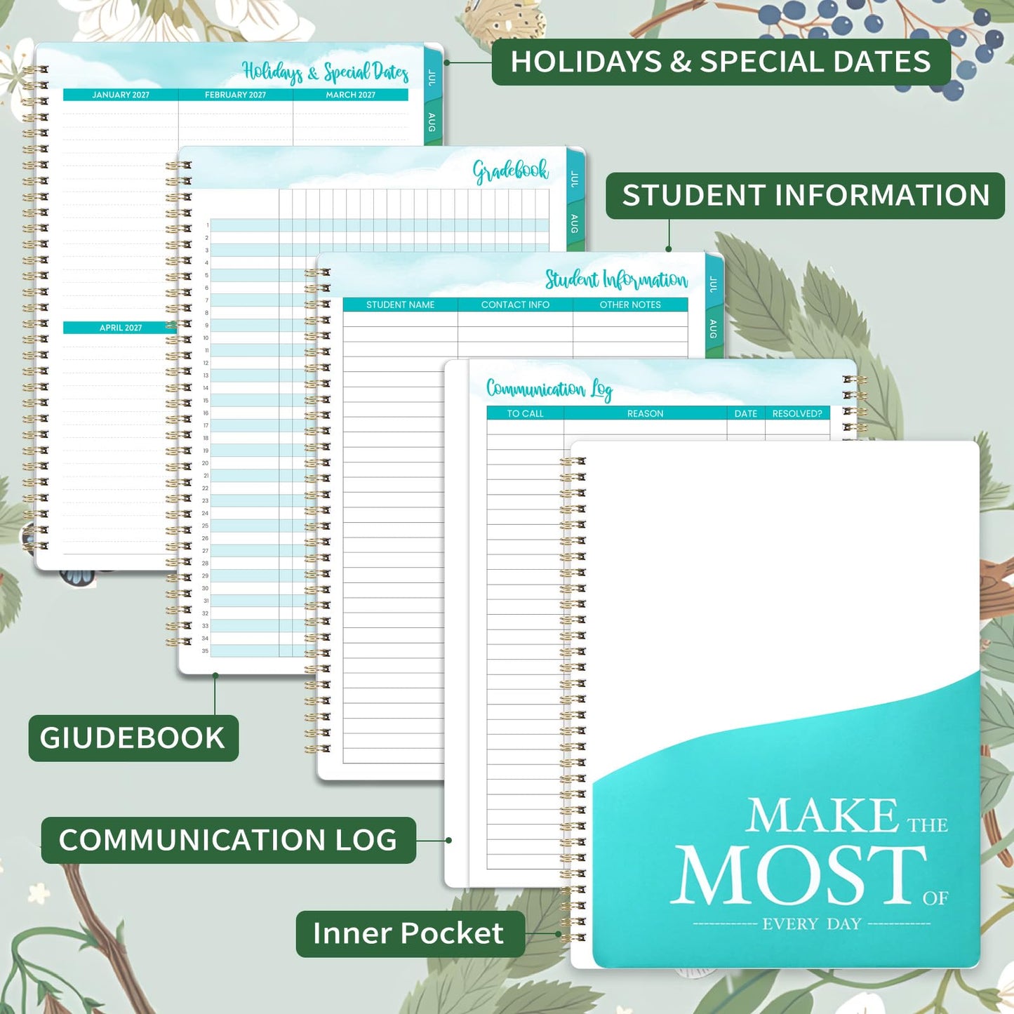 Teacher Planner 2026-2027 - Teacher Lesson Planner 2026-2027, 8.3" x 11", Jul.2026 - Jun.2027, Academic Planner, Weekly & Monthly Lesson Plan Book for Teachers with Back pocket, Colorful Tabs - Floral